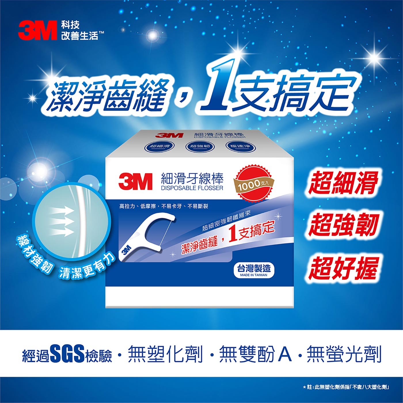 3M細滑牙線棒組合包潔淨齒縫，1支搞定，超細密強韌纖維束，高拉力、低摩擦，不易卡牙、不易斷裂，台灣GMP廠生產。