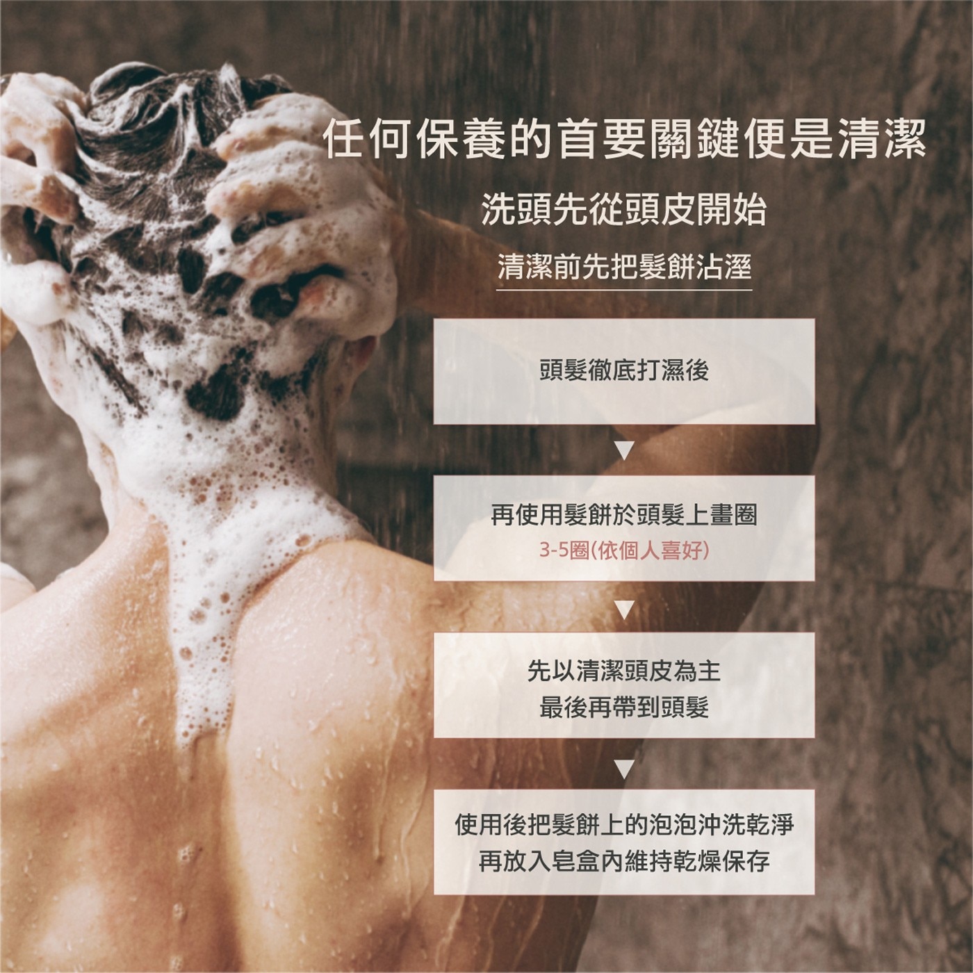 任何保養的首要關鍵便是清潔 洗頭先從頭皮開始 清潔前先把髮餅沾溼 頭髮徹底打濕後 再使用髮餅於頭髮上畫圈 3-5圈依個人喜好 先以清潔頭皮為主 最後再帶到頭髮 使用後把髮餅上的泡泡沖洗乾淨...