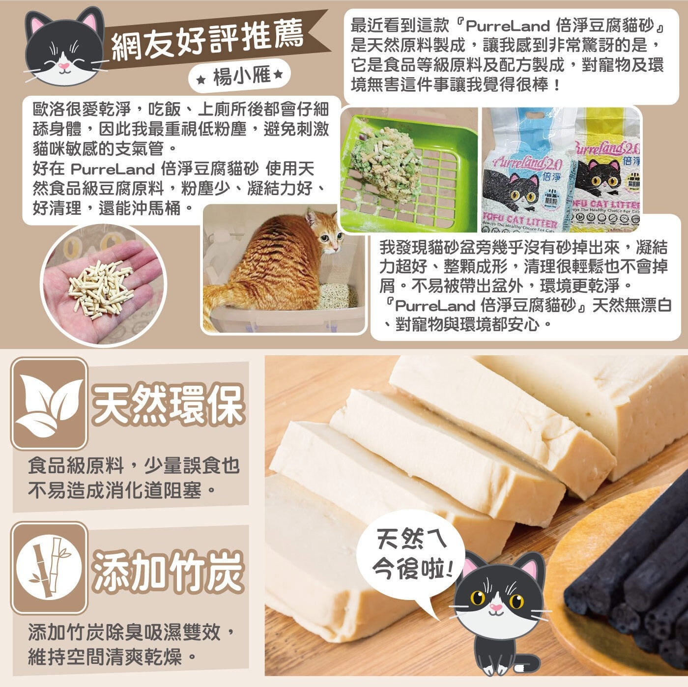 網友好評推薦 楊小雁 最近看到這款『PurreLand 倍淨豆腐貓砂。 是天然原料製成,讓我感到非常驚訝的是, 它是食品等級原料及配方製成,對寵物及環 境無害這件事讓我覺得很棒!