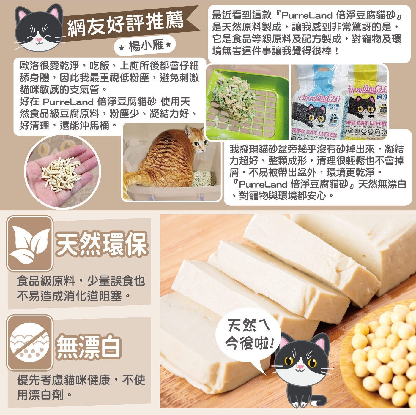 網友好評推薦 楊小雁 歐洛很愛乾淨,吃飯、上廁所後都會仔細 舔身體,因此我最重視低粉塵,避免刺激 貓咪敏感的支氣管。 最近看到這款『PurreLand 倍淨豆腐貓砂。