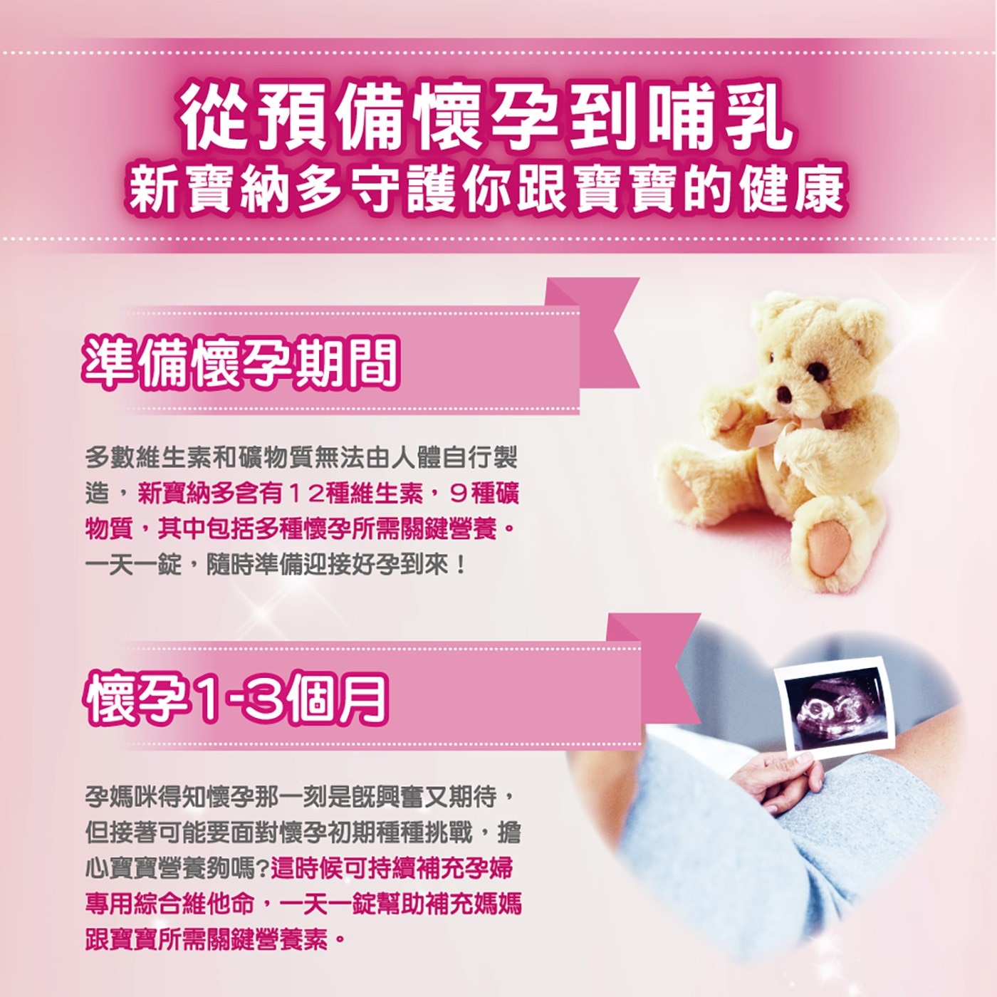 從預備懷孕到哺乳 新寶納多守護你跟寶寶的健康 準備懷孕期間 多數維生素和礦物質無法由人體自行製