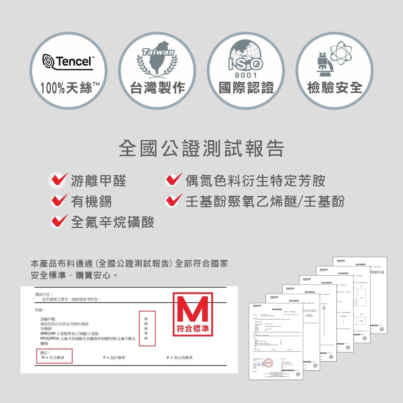 TencelT天絲TTM ISO 台灣製作 國際認證 檢驗安全 全國公證測試報告 游離甲醛 有機錫 偶氮色料衍生特定芳胺 壬基酚聚氧乙烯醚/壬基酚 全氟辛烷磺酸...