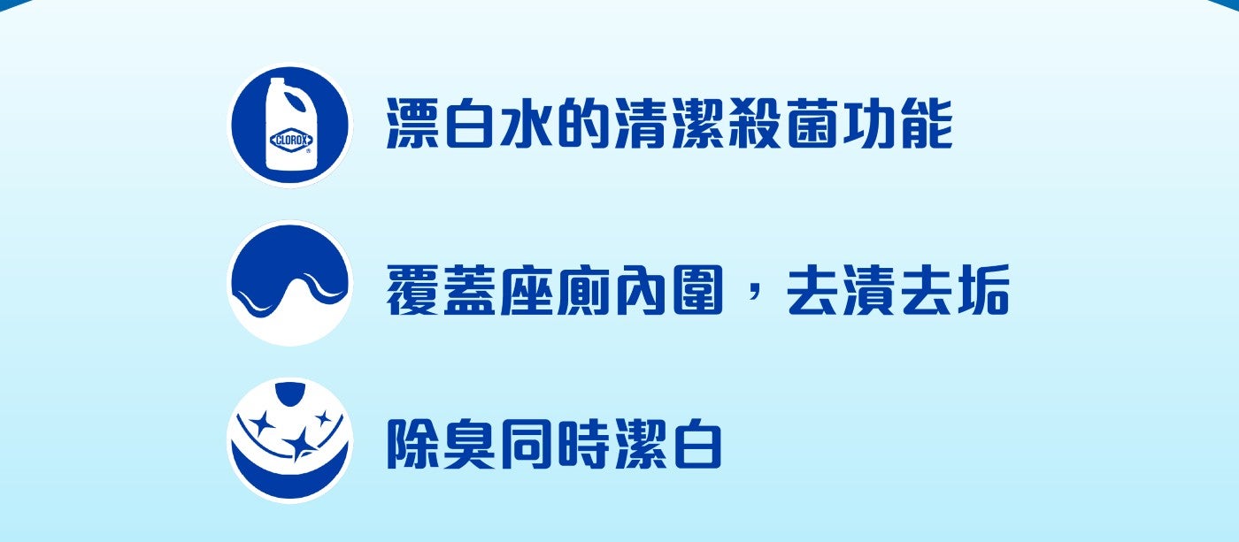 CLOROX 漂白水的清潔殺菌功能 覆蓋座廁內圍,去漬去垢 除臭同時潔白