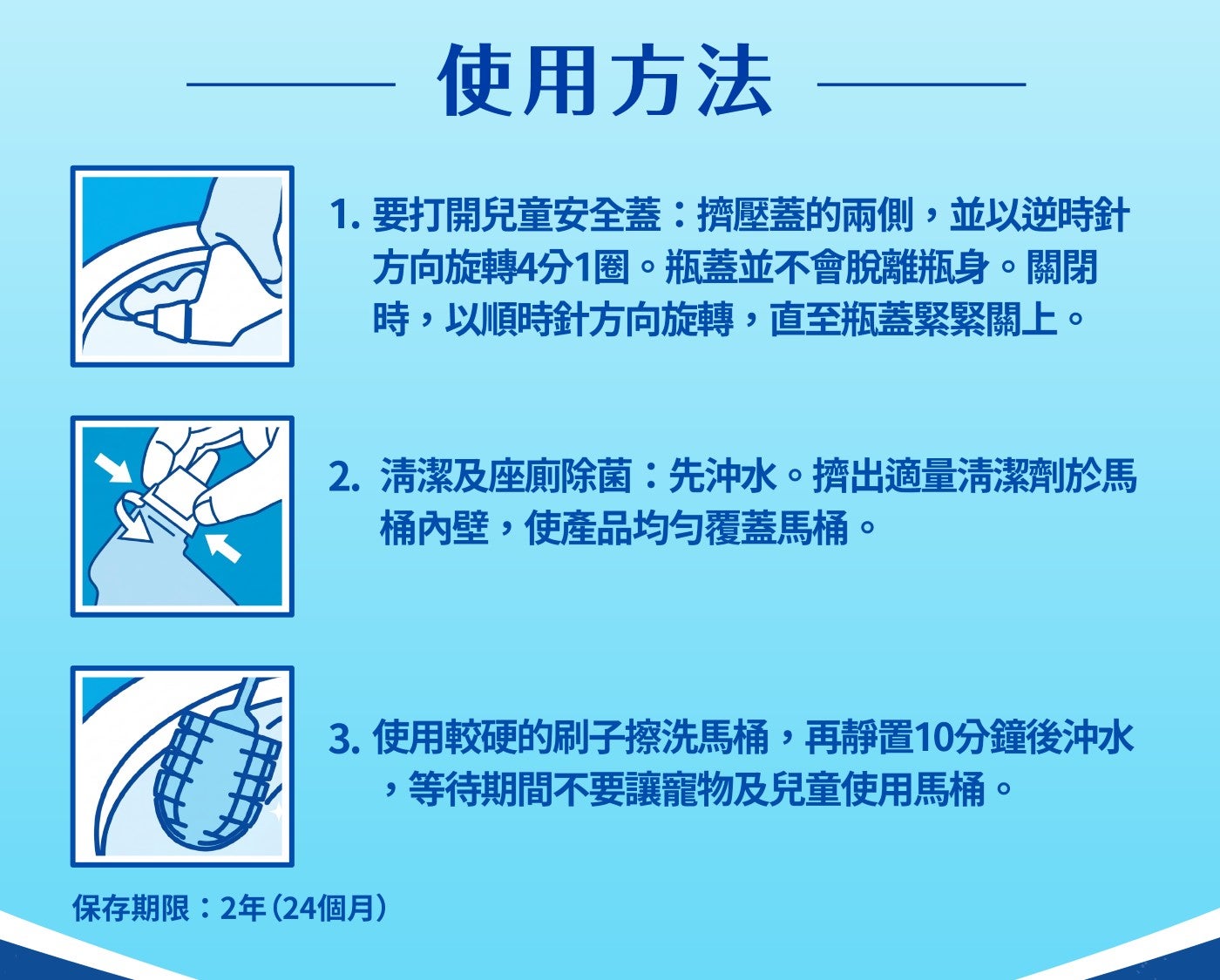 使用方法 1.要打開兒童安全蓋擠壓蓋的兩側,並以逆時針 方向旋轉4分1圈瓶蓋並不會脫離瓶身關閉 時,以順時針方向旋轉,直至瓶蓋緊緊關上 清潔及座廁除菌先沖水
