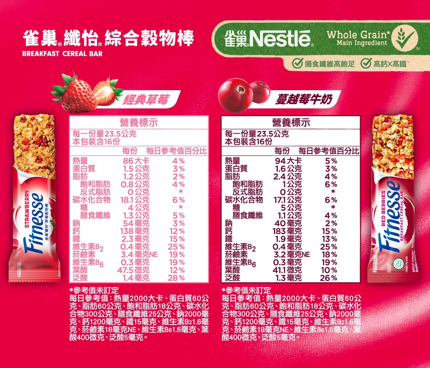 雀巢纖怡莓果牛奶/蔓越莓牛奶穀物棒營養標示