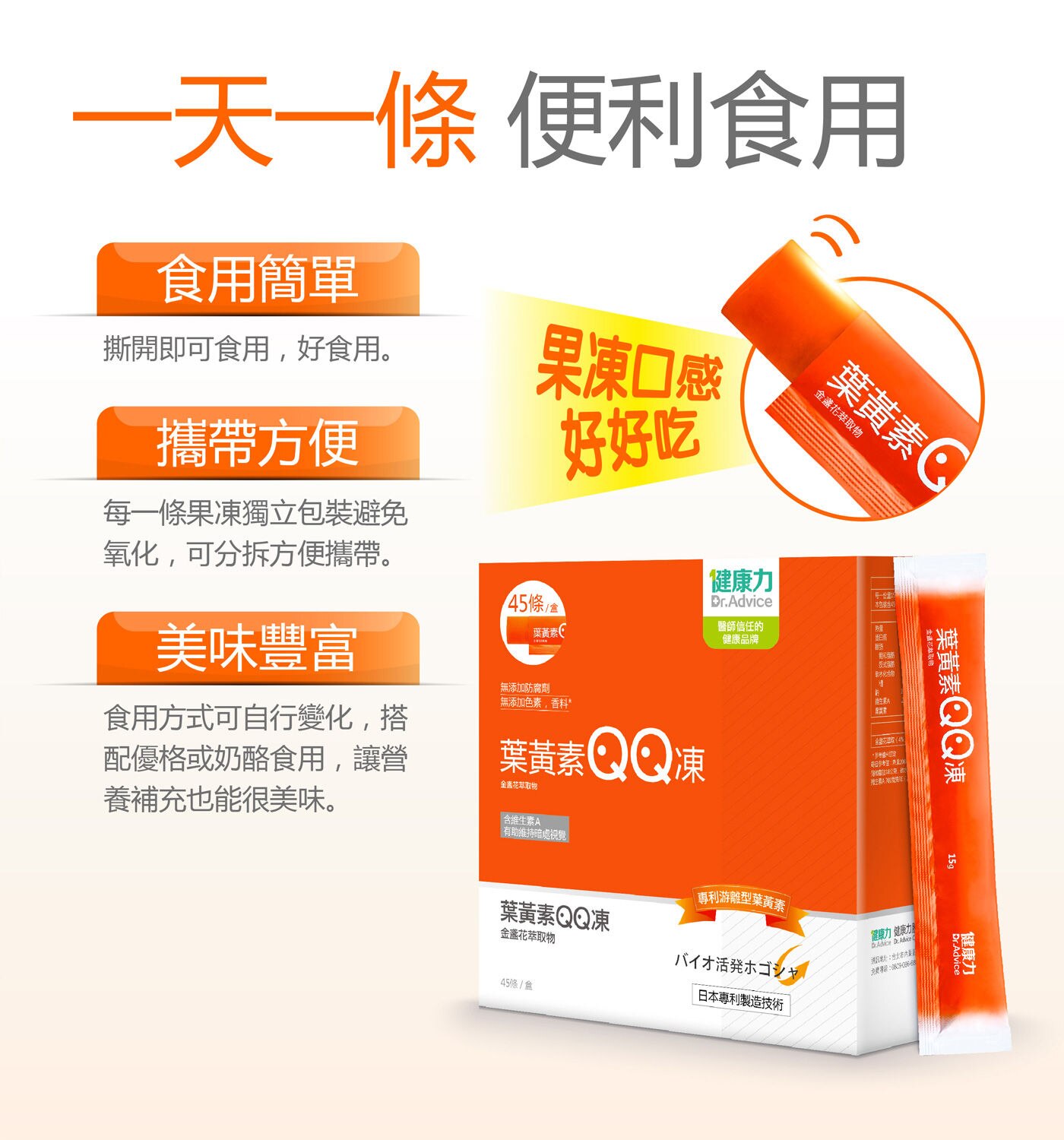 健康力葉黃素金盞花萃取物QQ凍４大成分完整保護，國際黃金比例專利游離型葉黃素，葉黃素＋蝦紅素＋花青素＋DHA。