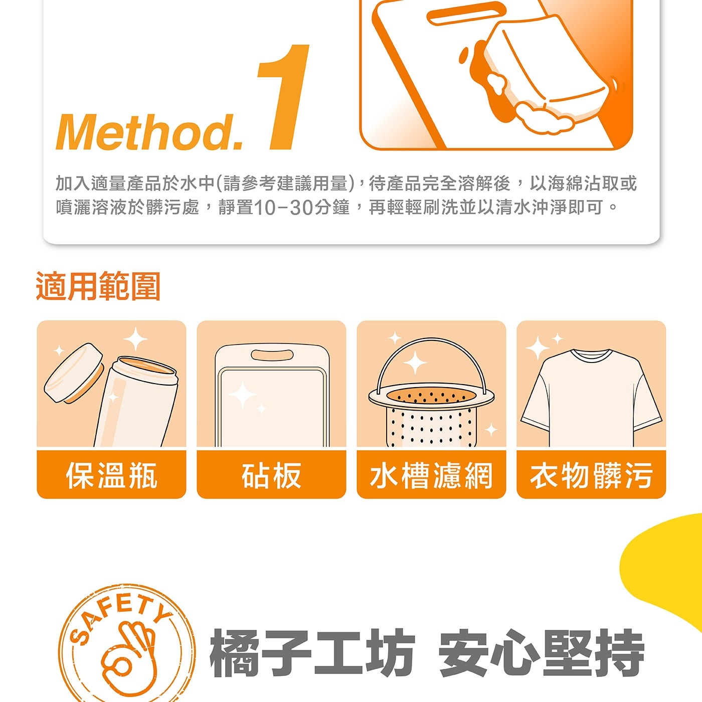 加入適量產品於水中請參考建議用量,待產品完全溶解後,以海綿沾取或 噴灑溶液於髒污處,靜置10-30分鐘,再輕輕刷洗並以清水沖淨即可。
