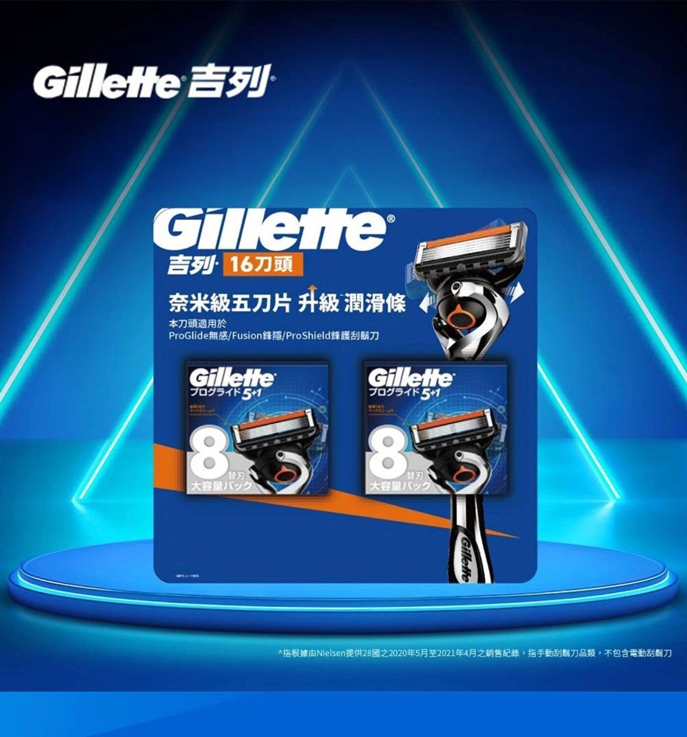 Gillette 吉列吉列 16刀頭奈米級五刀片升級潤滑條本刀頭適用於 ProGlide無感/Fusion鋒隱/ProShield鋒護刮鬍刀扣5仆 51 扣5K51 赞替大容量バック 大容量バック △指根據由Nielsen提供28國之2020年...