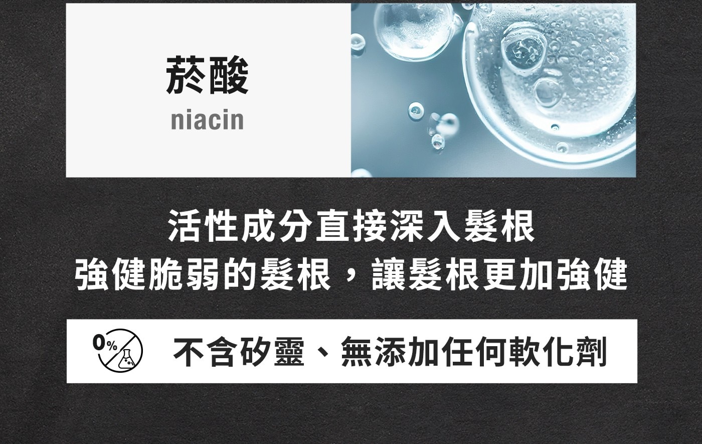 菸酸活性成分直接深入髮根強健脆弱的髮根,讓髮根更加強健不含矽靈、無添加任何軟化劑