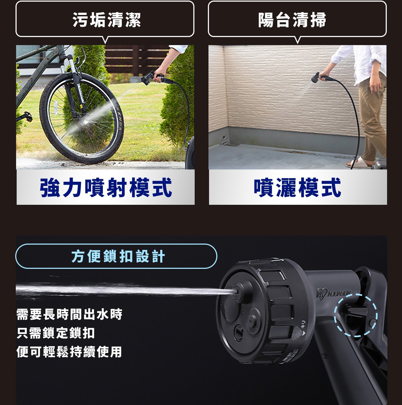 污垢清潔 陽台清掃 強力噴射模式 噴灑模式 方便鎖扣設計 需要長時間出水時 只需鎖定鎖扣 便可輕鬆持續使用 キリ IRIS AQUAGUN