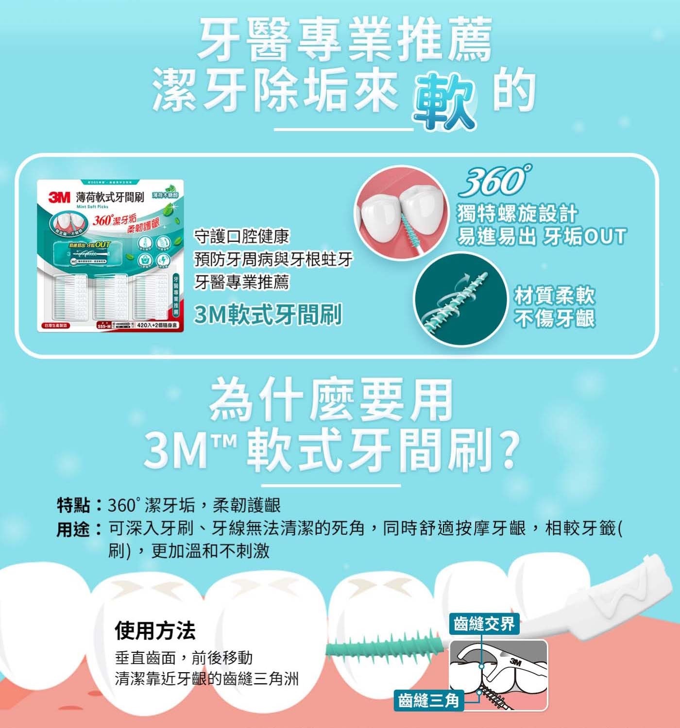 牙醫專業推薦 潔牙除垢來歡的 軟 3M 薄荷軟式牙間刷 包 Mint Soft Picks 360°潔牙垢 柔韌護齦 三盘维码出分比 OUT 守護口腔健康 M號 420入+2個身盒