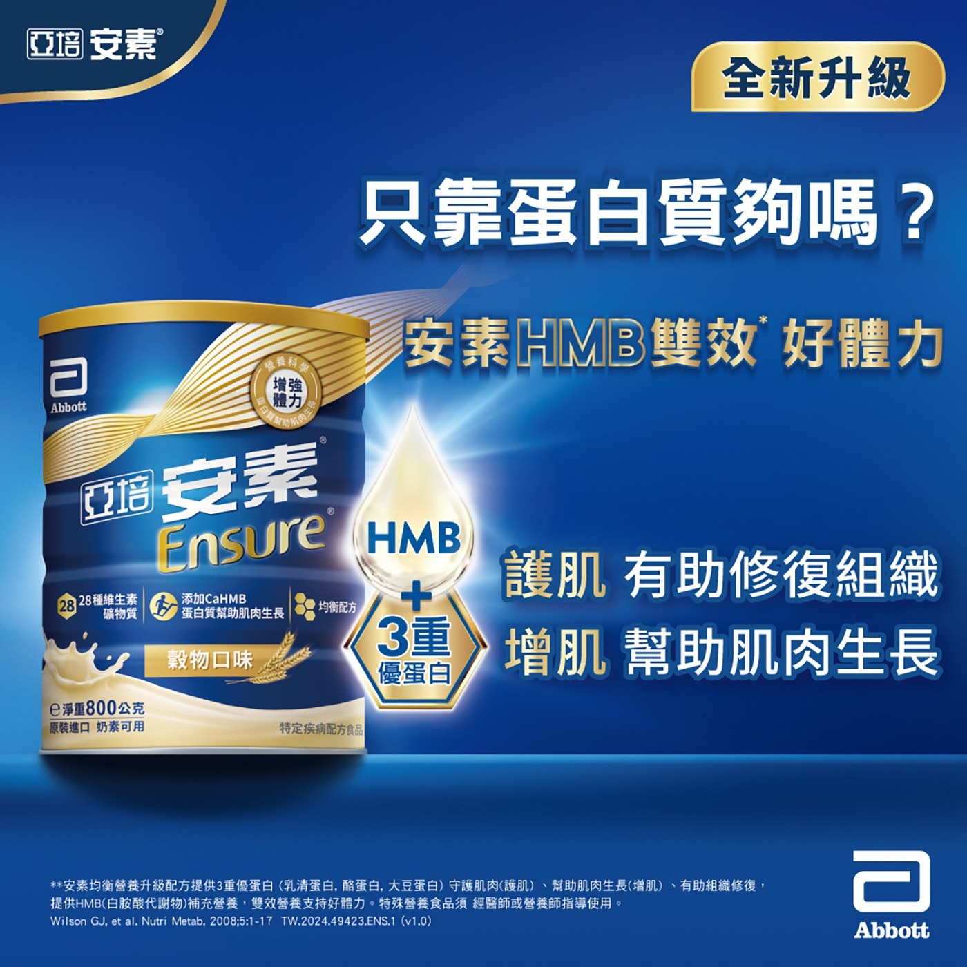 只靠蛋白質夠嗎?安素HMB雙效好體力HMB護肌有助修復組織+3重增肌幫助肌肉生長穀物口味優蛋白