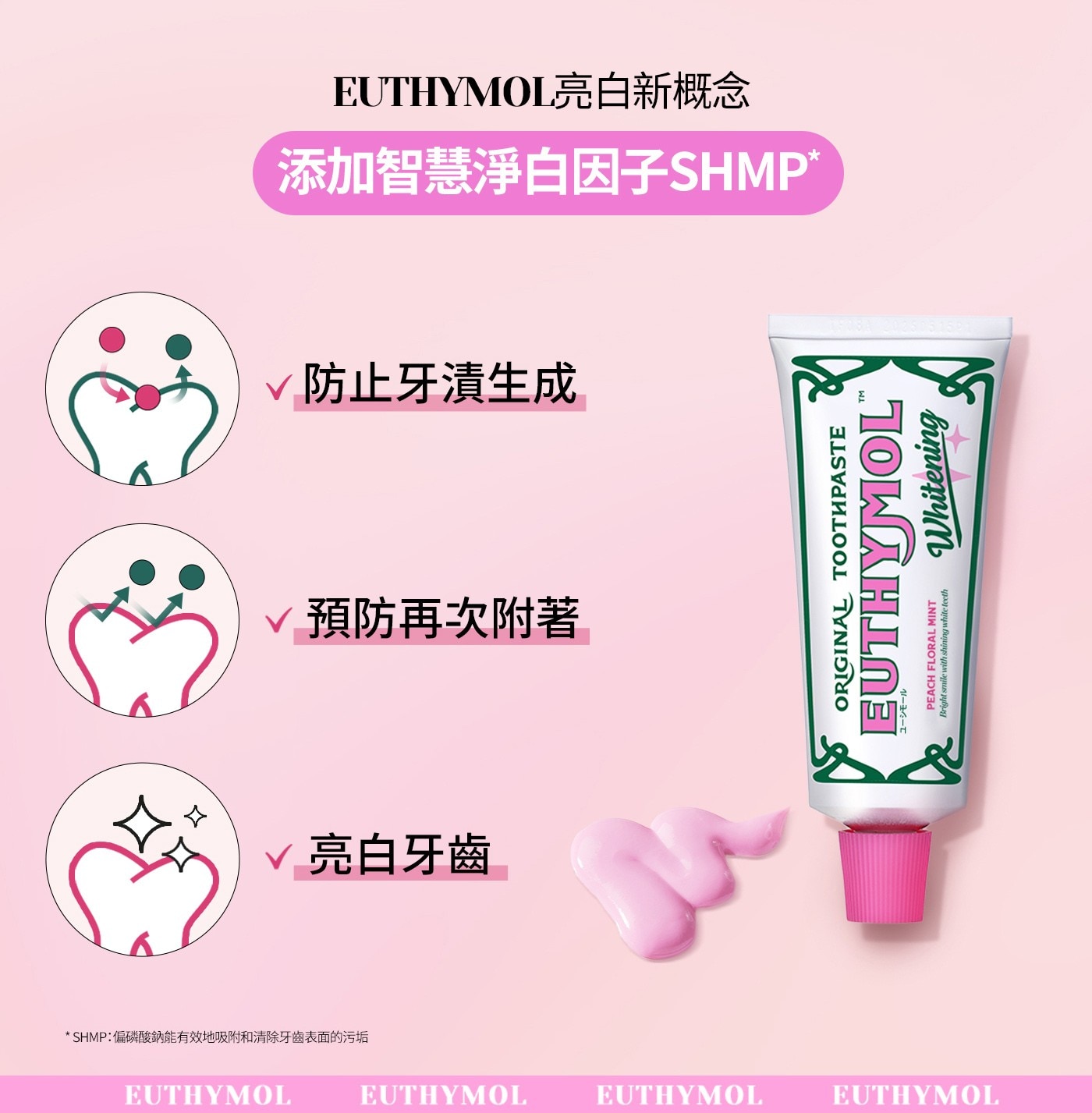添加智慧淨白因子SHMP EUTHYMOL亮白新概念 防止牙漬生成 預防再次附著 亮白牙齒 SHMP:偏磷酸鈉能有效地吸附和清除牙齒表面的污垢 EUTHYMOL ORIGINAL...