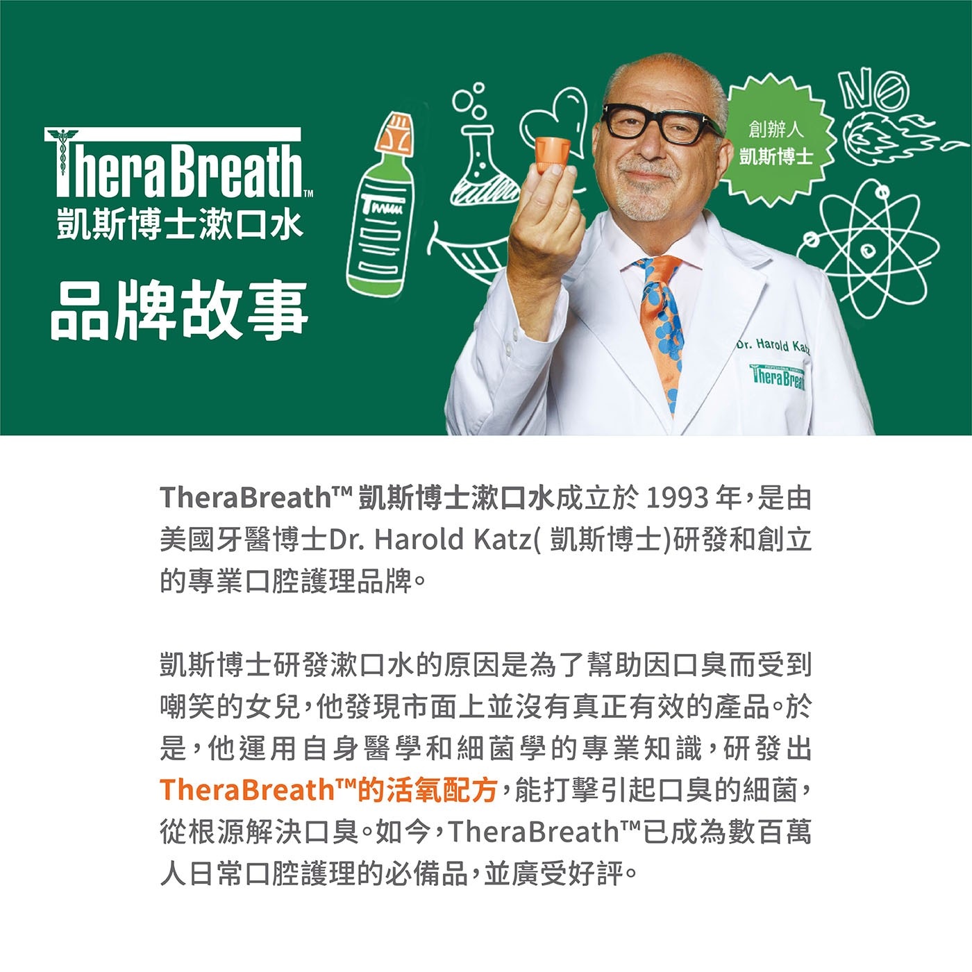 凱斯博士研發漱口水的原因是為了幫助因口臭而受到 嘲笑的女兒,他發現市面上並沒有真正有效的產品。於 是,他運用自身醫學和細菌學的專業知識,研發出 TheraBreath™的活氧配方,能打擊引起口臭的細菌, 從根源解決口臭。如今,TheraBreath™已成為數百萬 人日常口腔護理的必備品,並廣受好評。