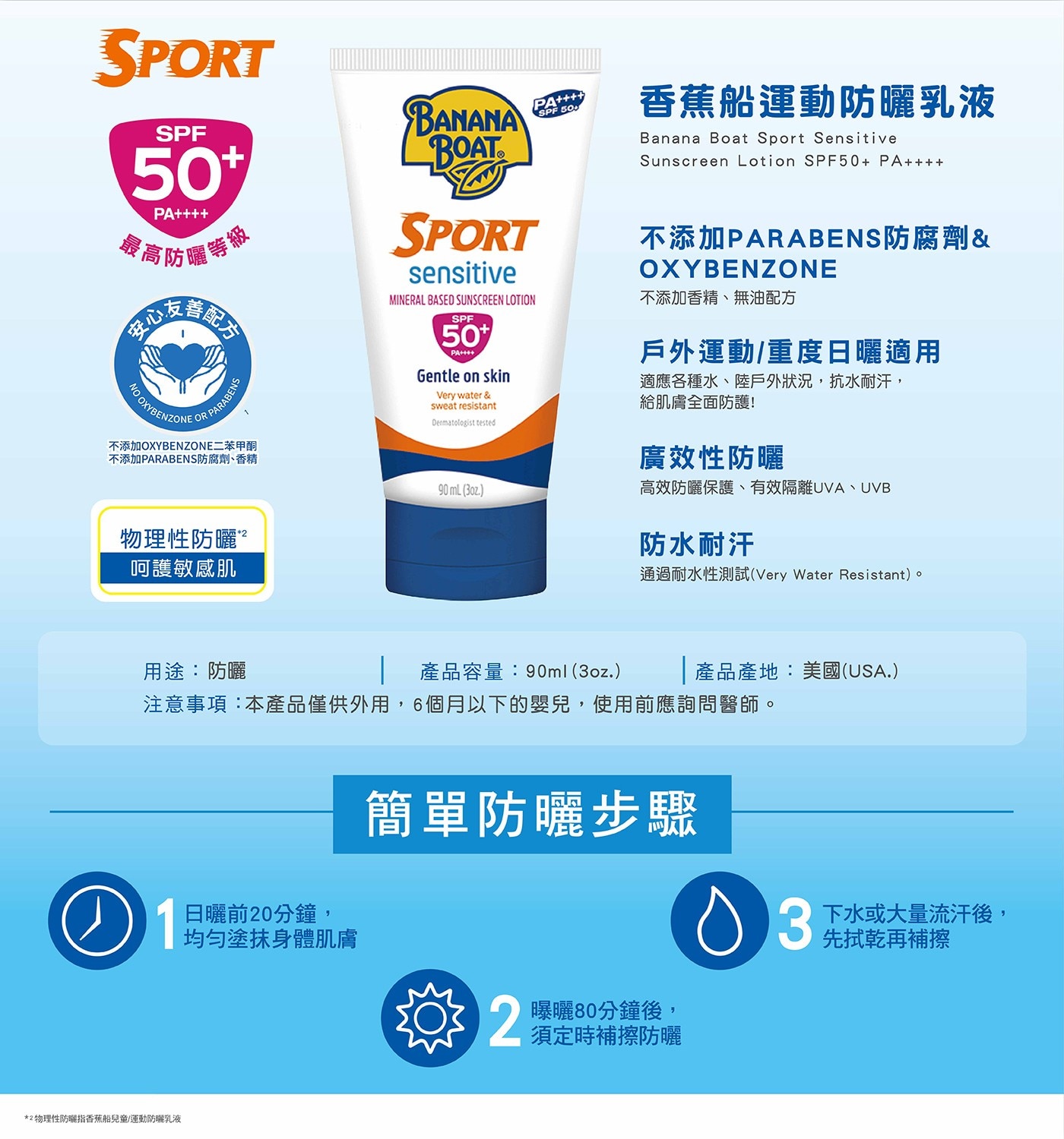 香蕉船 淨護系列運動防曬乳液 SPF 50+ PA++++ 90毫升 X 4入，配方簡化25%，先進防曬因子，適應各種戶外運動。