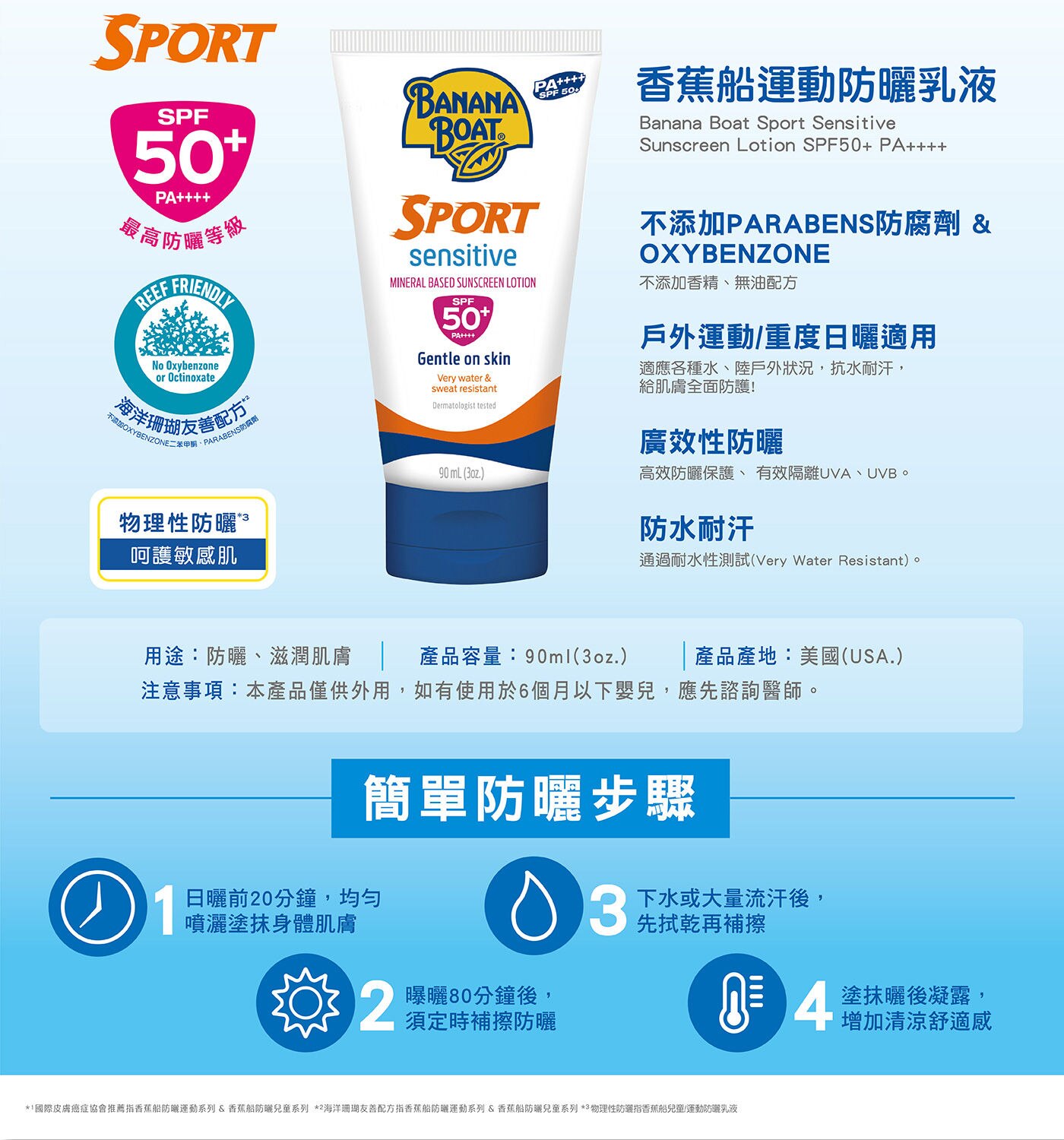 香蕉船 淨護系列運動防曬乳液 SPF 50+ PA++++適合玩水時使用具有最高防曬等級極致防水耐汗