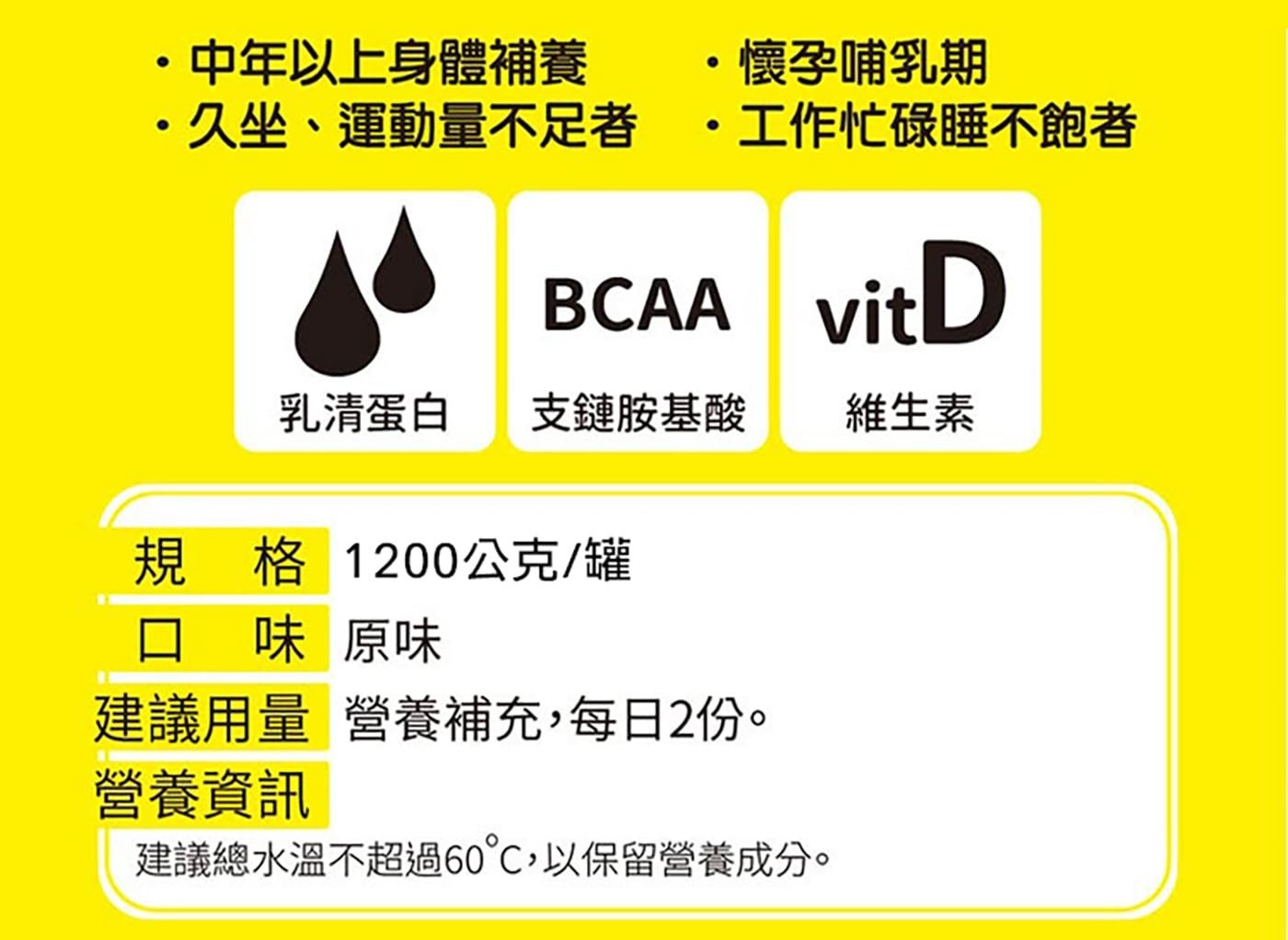 中年以上身體補養久坐運動量不足者懷孕哺乳期工作忙碌睡不飽者乳清蛋白支鏈胺基酸維生素規格 1200 g罐味原味建議用量營養補充,每日 2 份營養資訊建議總水溫不超過 60C,以保留營養成分