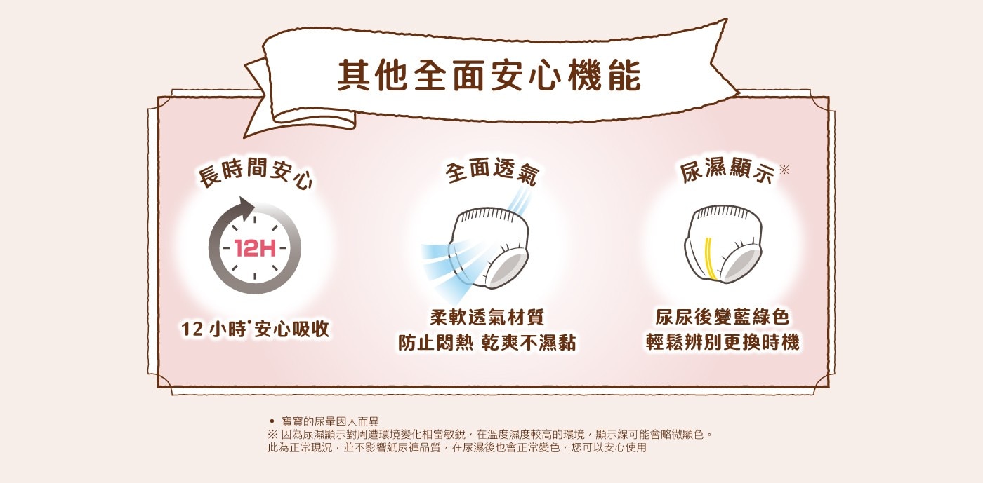 其他全面安心機能 長時間安心 全面透氣 尿濕顯示* 柔軟透氣材質 尿尿後變藍綠色 防止悶熱 乾爽不濕黏 輕鬆辨別更換時機