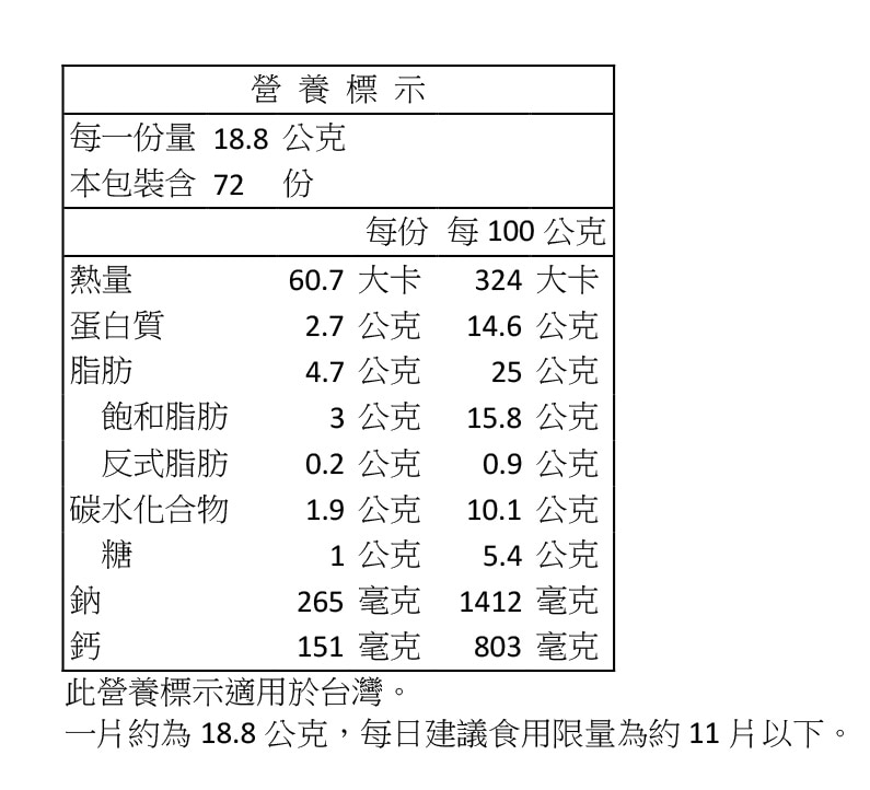 American Heritage美國乾酪營養標示如圖，單片包裝，每包72片，使用非動物性凝乳酵素製作。 