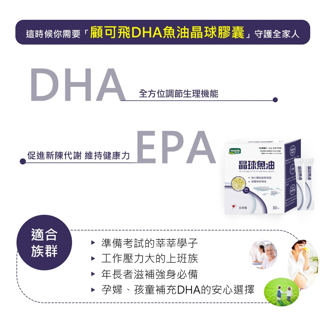 National Vita 顧可飛DHA魚油晶球膠囊EPA與DHA皆為身體的「超級脂肪」，具有促進新陳代謝功能，尤其對於中老年、大魚大肉應酬者特別有幫助。