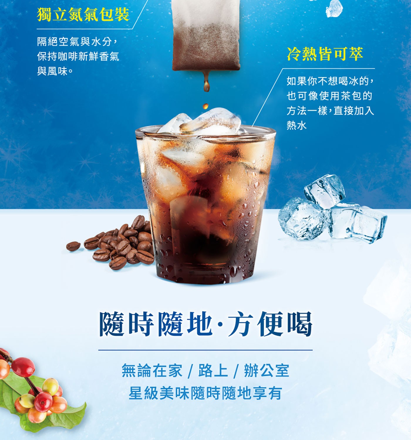 隔絕空氣與水分,保持咖啡新鮮香氣與風味,如果你不想喝冰的,也可以像使用茶包的方法1樣,直接加入熱水.隨時隨地方便喝,無論在家/路上/辦公室,星級美味隨時隨地享有.