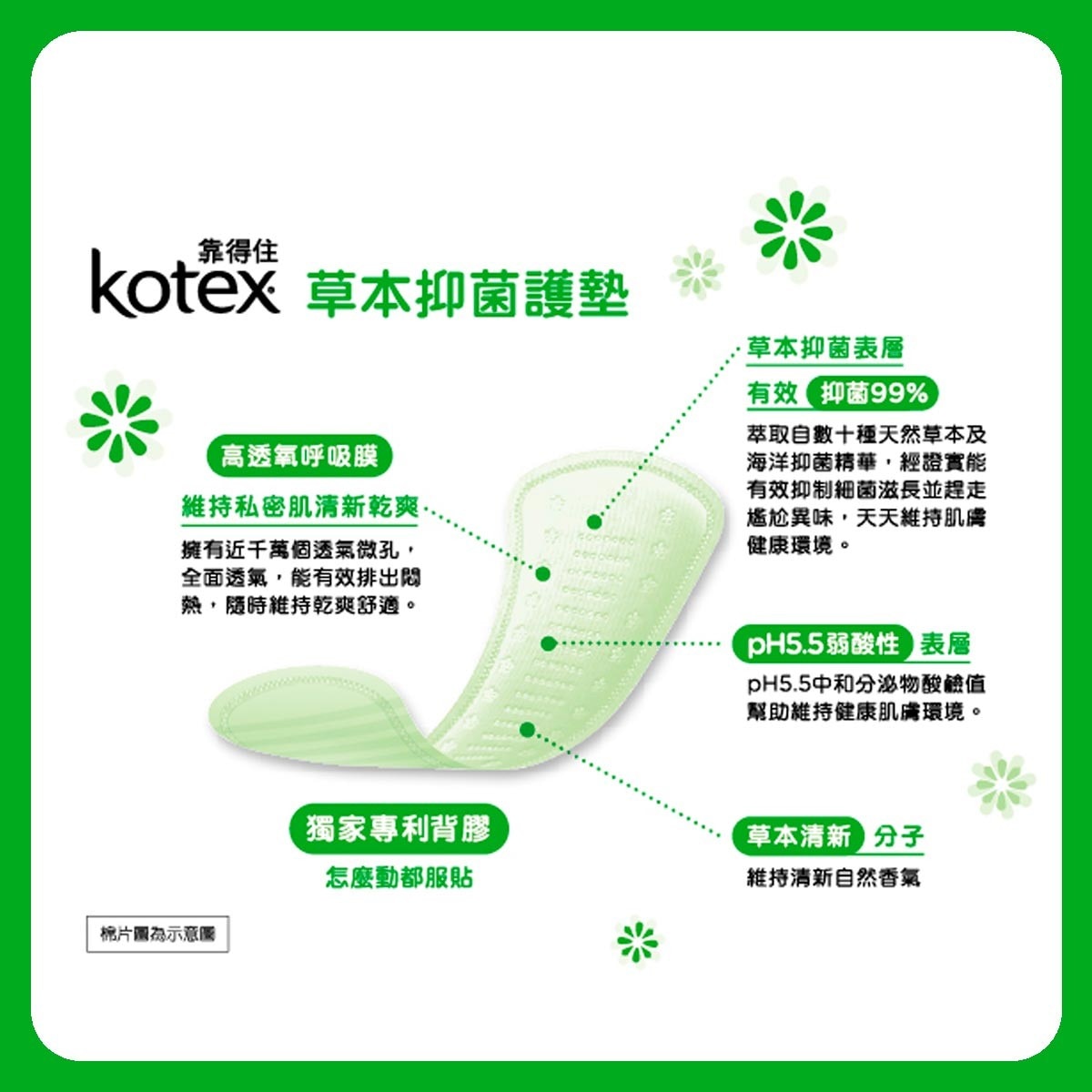 KOTEX 靠得住草本抑菌護墊，高透氧呼吸膜，維持私密肌清新乾爽，草本抑菌表層，有效抑菌99％，獨家專利背膠，pH5.5弱酸性表層，草本清新分子。