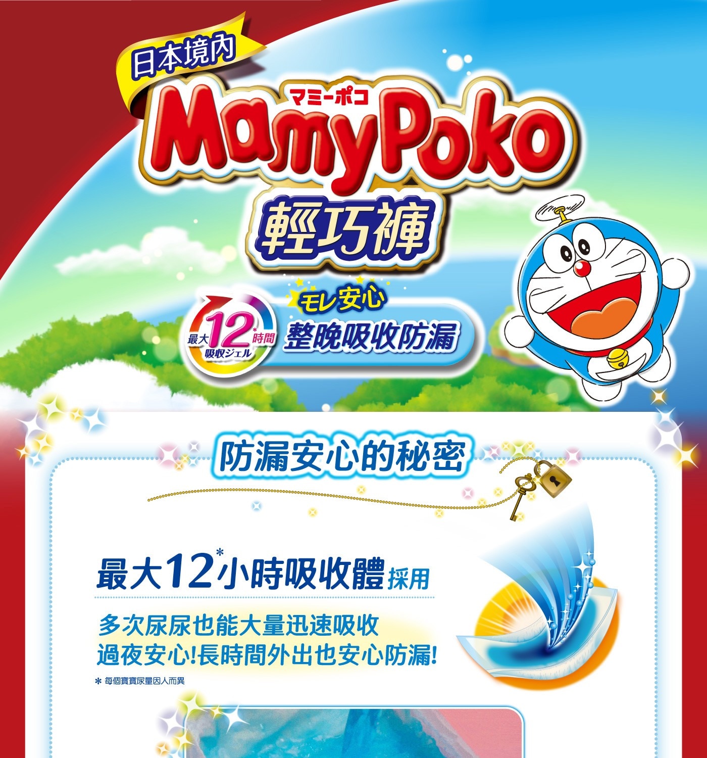 滿意寶寶，哆啦A夢輕巧褲，日本境內版原裝進口，親膚不刺激，呵護寶寶粉嫩屁屁，溫柔包覆，盡情玩耍都不漏!
