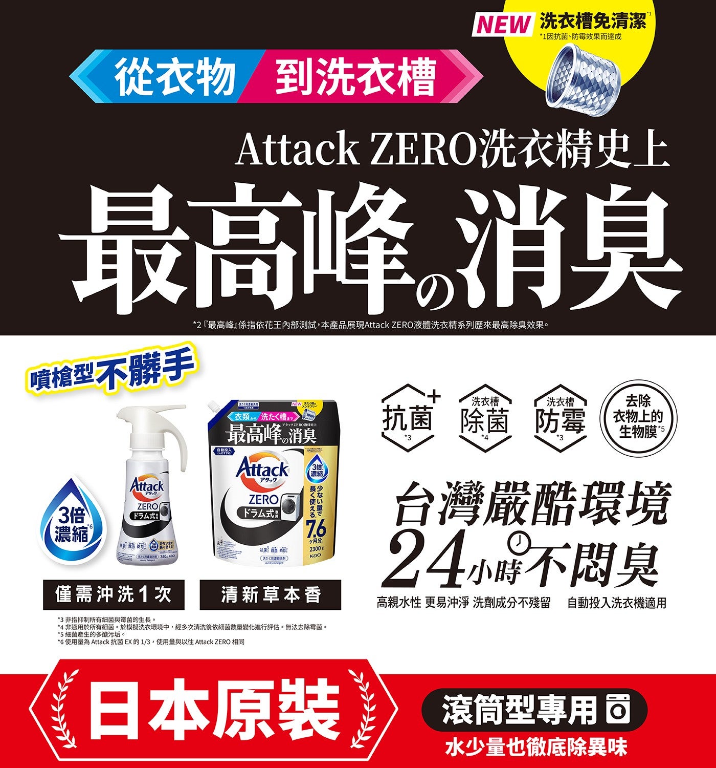 從衣物到洗衣槽 NEW 洗衣槽免清潔 1 因抗菌防霉效果而達成 Attack ZERO 洗衣精史上最高峰消臭噴槍型不髒手 2最高峰係指依花王內部測試...