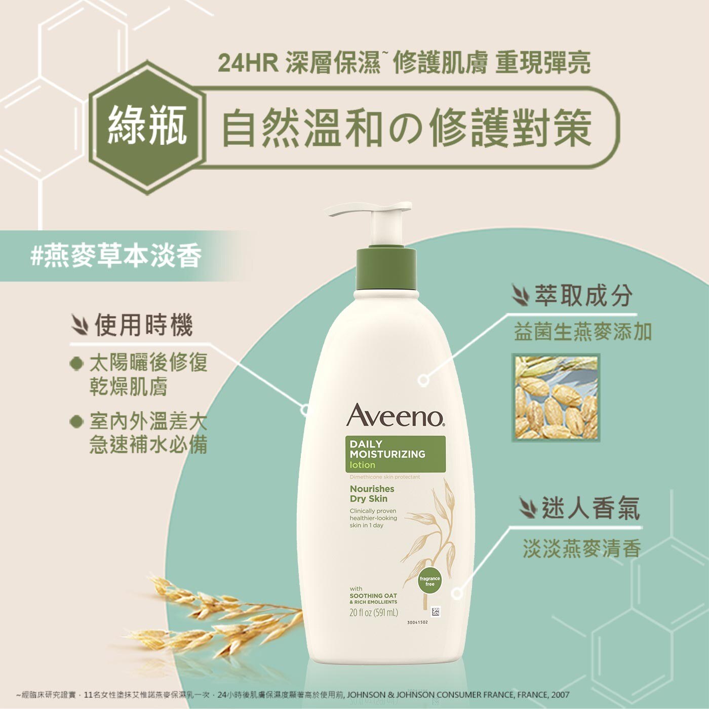 Aveeno 艾惟諾燕麥保濕乳液(綠瓶)，有效舒緩敏感肌膚問題，太陽曬後修復乾燥肌膚、室內外溫差大急速補水必備。益菌生燕麥添加，淡淡燕麥草本清香。