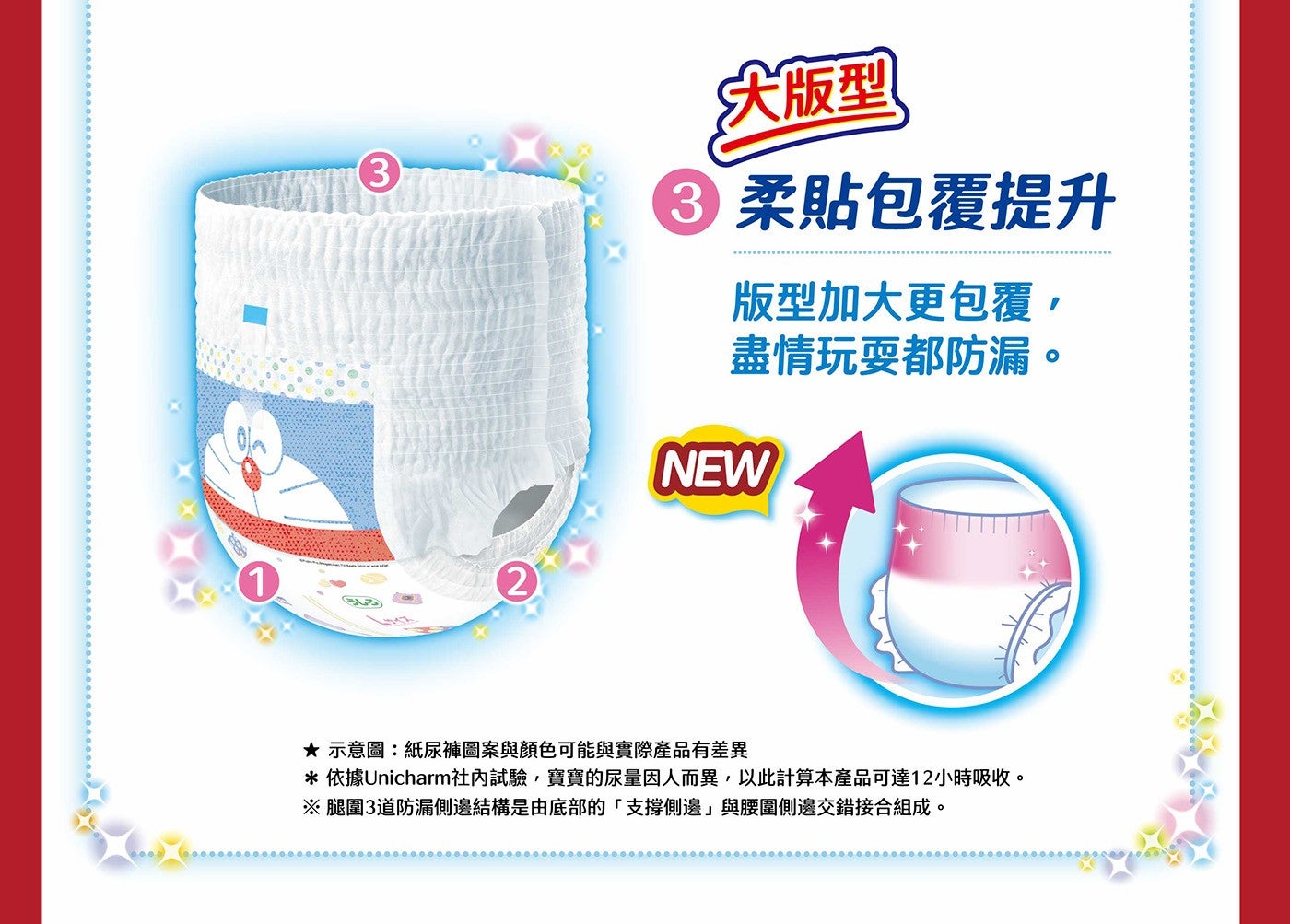 大版型 柔貼包覆提升 版型加大更包覆, 盡情玩耍都防漏。 NEW 示意圖:紙尿褲圖案與顏色可能與實際產品有差異 依據Unicharm社內試驗,寶寶的尿量因人而異,以此計算本產品可達12小時吸收。