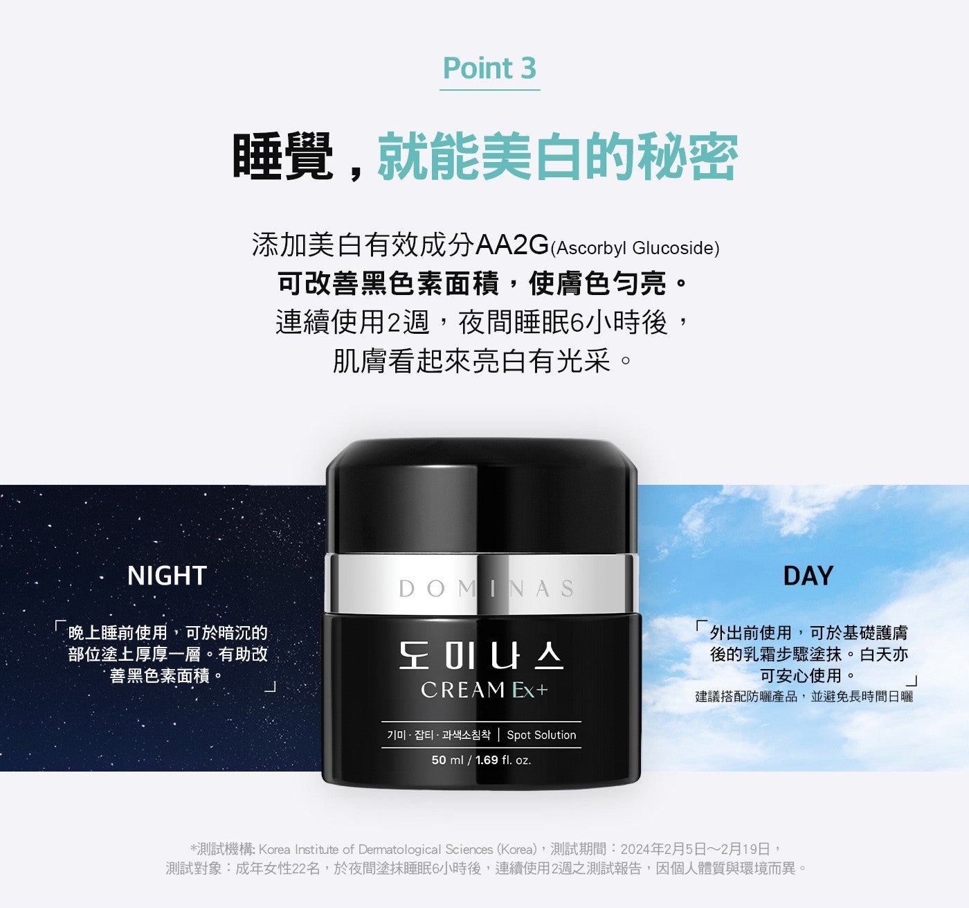 NIGHT Point 睡覺,就能美白的秘密 添加美白有效成分 AA2GAscorbyl Glucoside 可改善黑色素面積,使膚色勻亮 連續使用 2 週,夜間睡眠 6 小時後, 肌膚看起來亮白有光采
