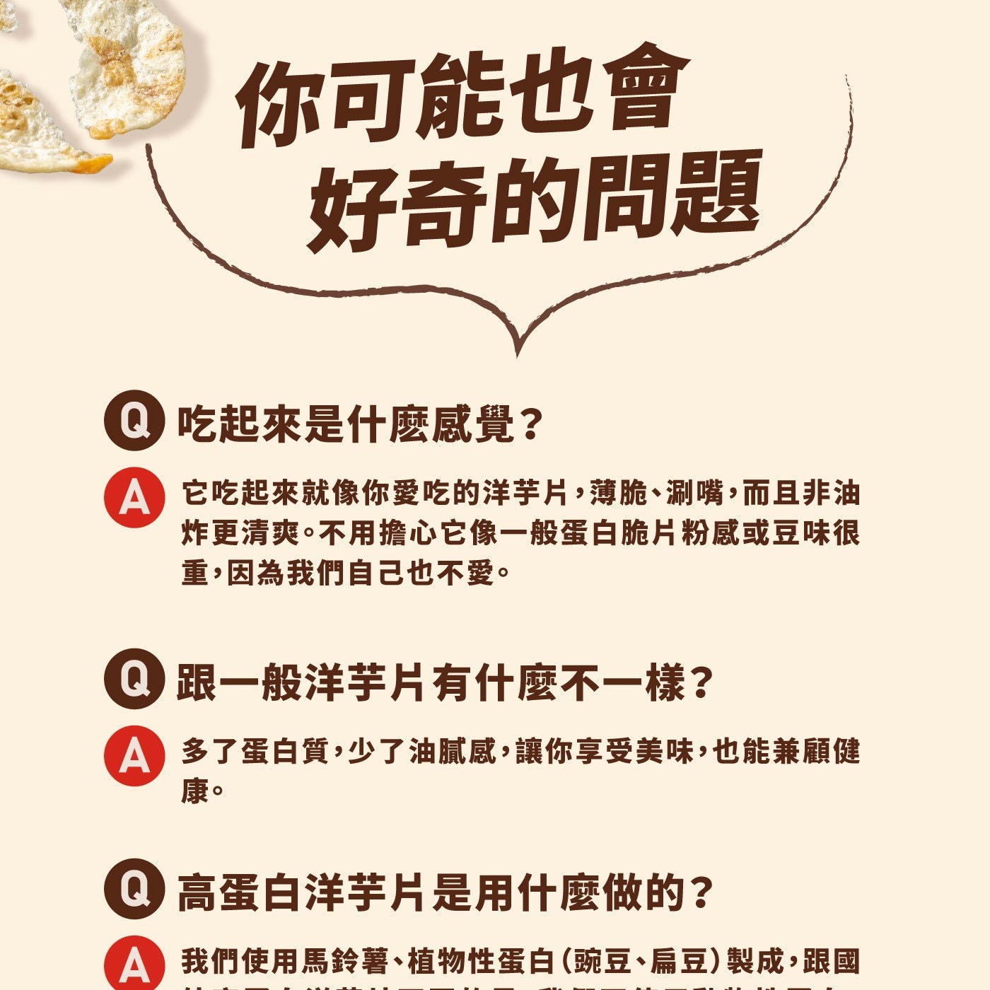 你可能也會 好奇的問題 吃起來是什麼感覺? 它吃起來就像你愛吃的洋芋片,薄脆、涮嘴,而且非油 炸更清爽。不用擔心它像1般蛋白脆片粉感或豆味很 重,因為我們自己也不愛。 跟1般洋芋片有什麼不1樣?