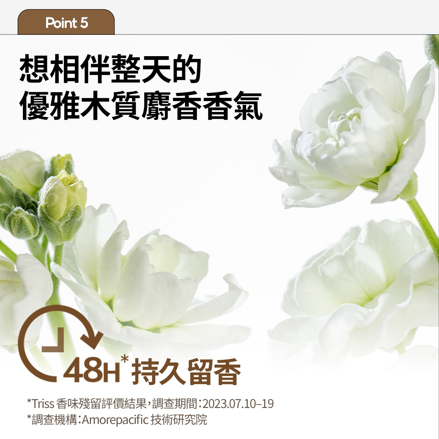 Point 想相伴整天的 優雅木質麝香香氣 持久留香 Triss 香味殘留評價結果,調查期間:2023.07.10-19 調查機構:Amorepacific 技術研究院