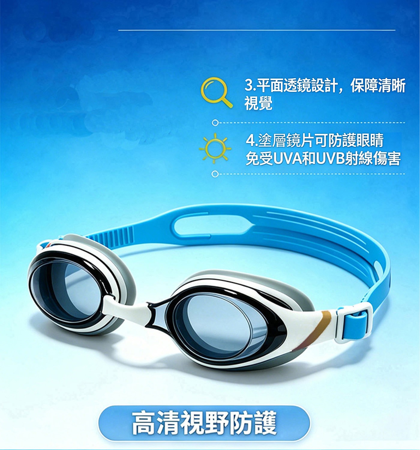 3.平面透鏡設計,保障清晰 視覺 4.塗層鏡片可防護眼睛 免受UVA和UVB射線傷害 高清視野防護