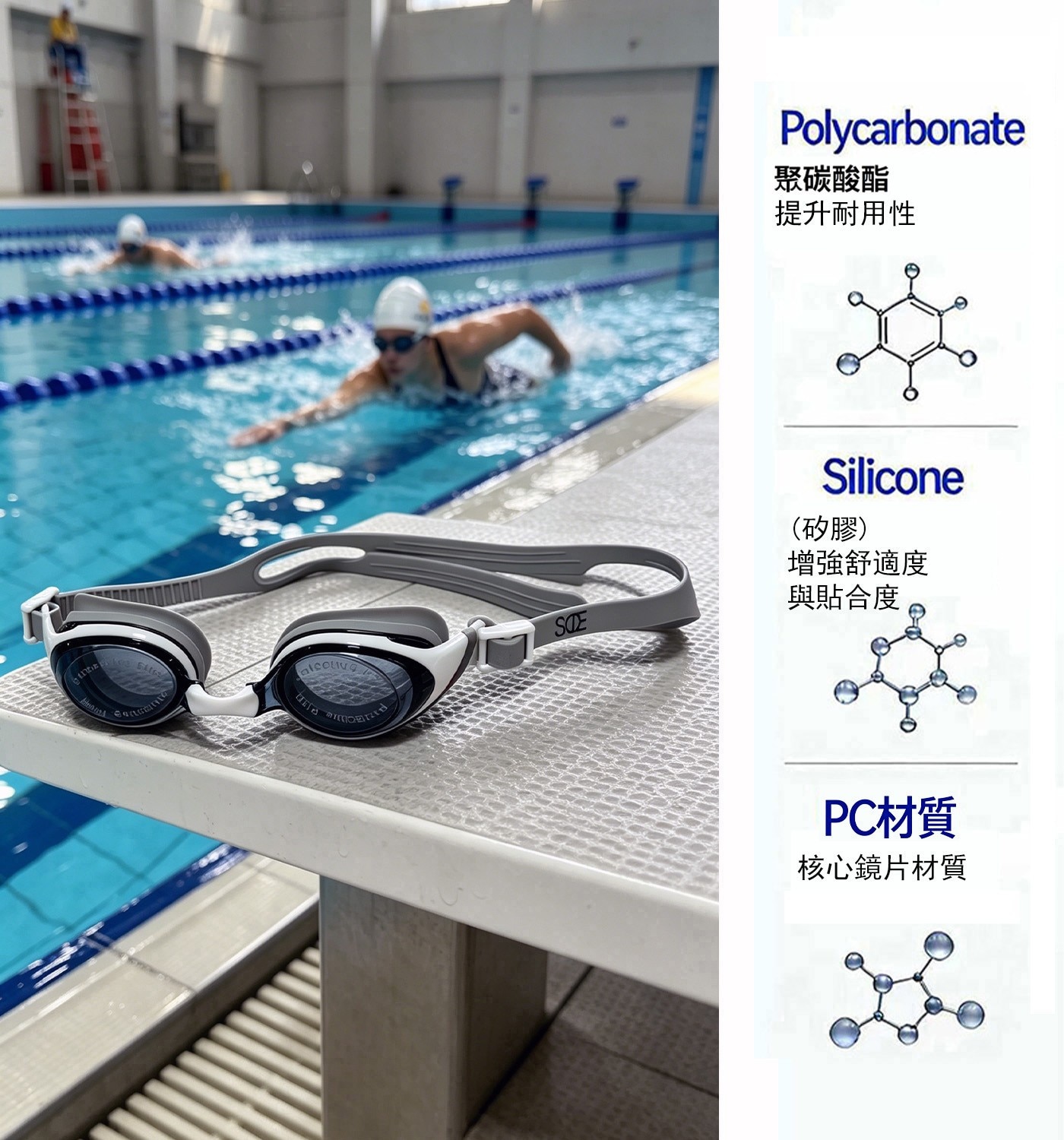 聚碳酸酯 提升耐用性 SOE Silicone 矽膠 增強舒適度 與貼合度 PC材質 核心鏡片材質