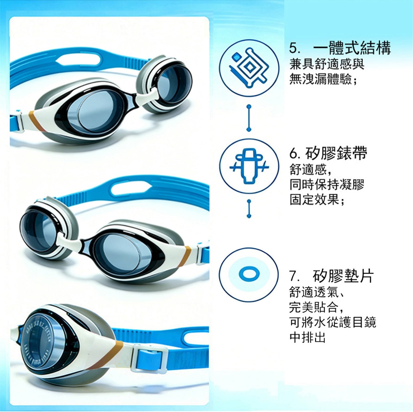 鳳1體式結構 兼具舒適感與 無洩漏體驗 那 矽膠錶帶 舒適感, 同時保持凝膠 固定效果 矽膠墊片 舒適透氣 完美貼合, 可將水從護目鏡 中排出