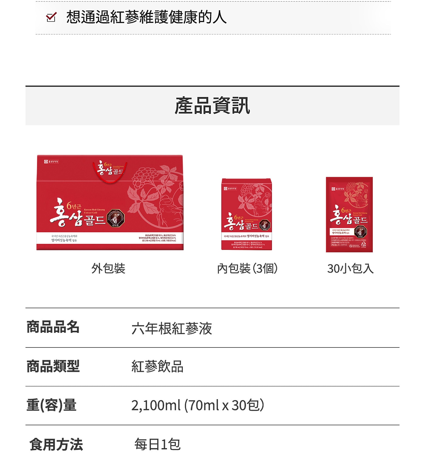 鍾根堂 六年根紅蔘液 70毫升 X 30包 高壓工作,日常繁忙的職場人