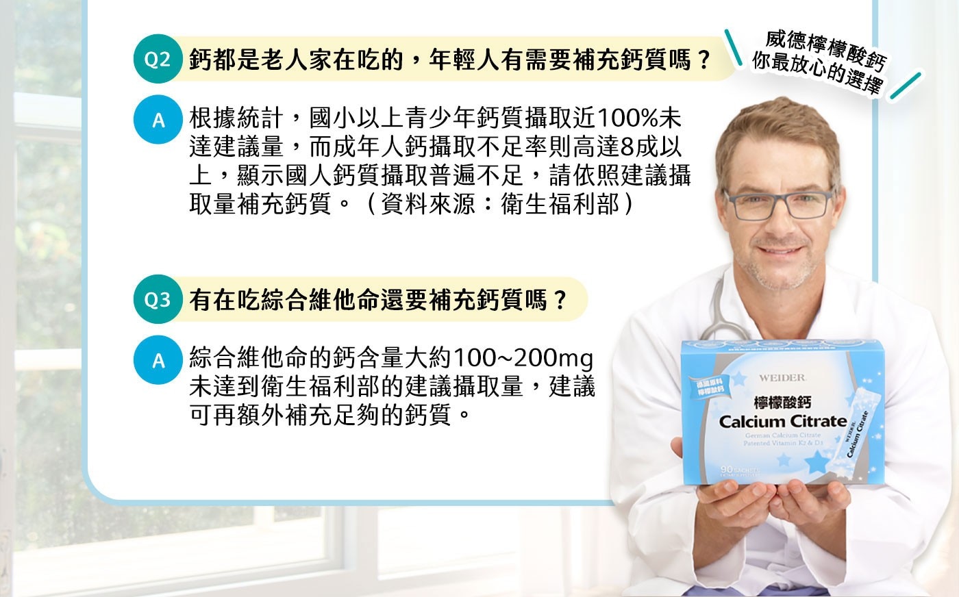 威德檸檬酸鈣，根據統計，國小以上青少年鈣質攝取近100%未達建議量，而成年人鈣攝取不足率則高達8成以上，顯示國人鈣質攝取普遍不足，請依建議攝取量補充鈣質