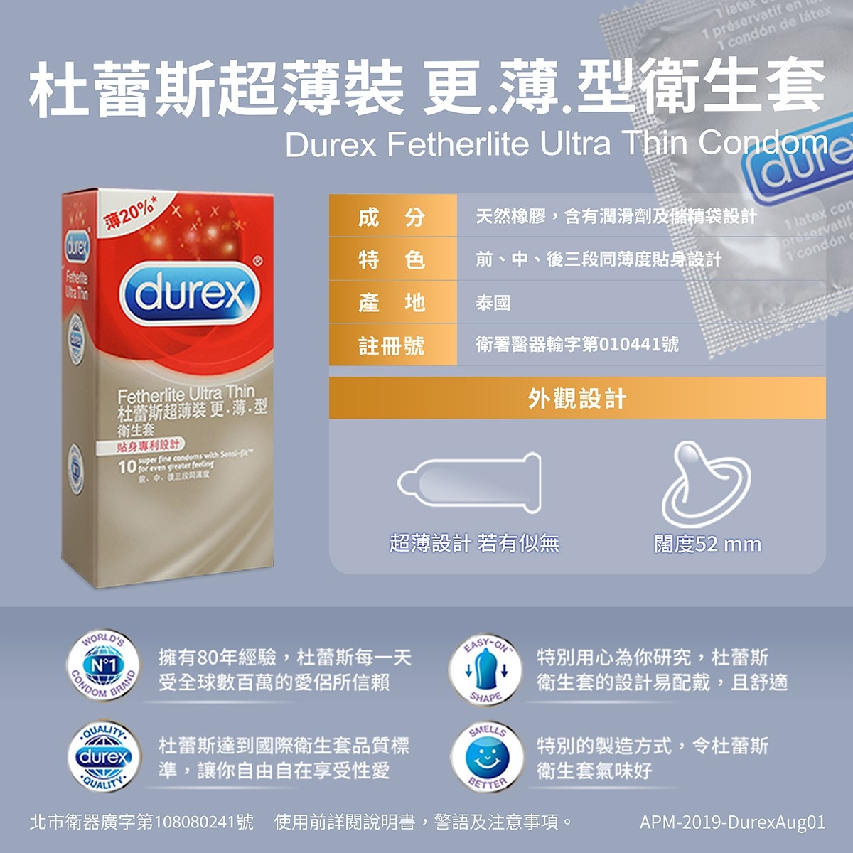 durex杜蕾斯超薄裝更薄型衛生套，前、中、後三段同薄度貼身設計，超薄設計，若有似無，闊度52mm。