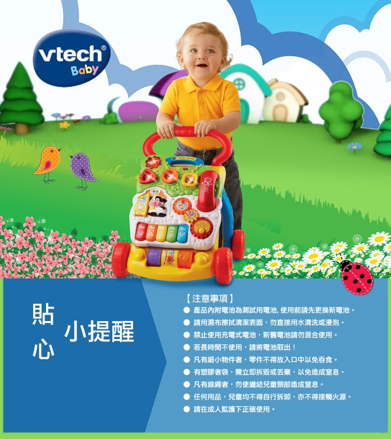 VTech 學步車內附為測試用電池,須先更換。禁止使用充電電池,長時間不使用需將電池取出,勿水洗浸泡,需在成人監護下使用。