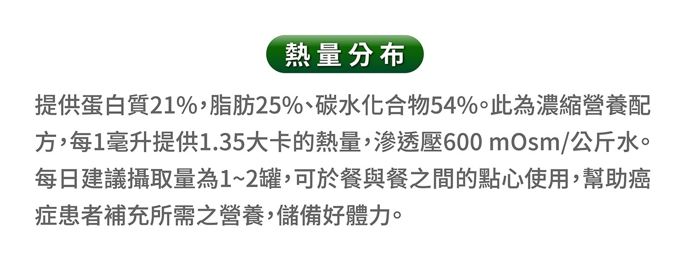 可於餐與餐之間的點心使用,幫助癌症患者補充所需之營養,儲備好體力。