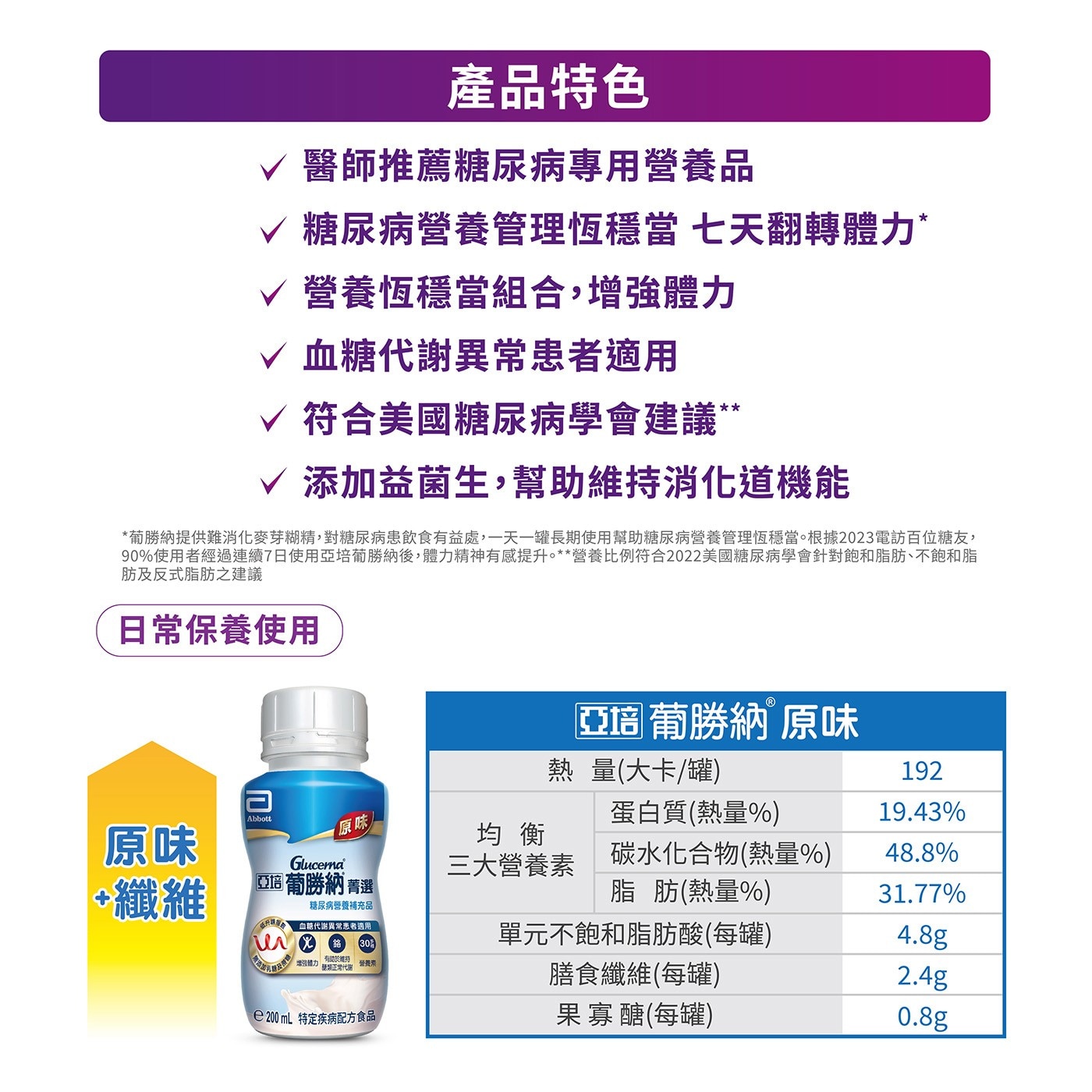 產品特色 醫師推薦糖尿病專用營養品 糖尿病營養管理恆穩當七天翻轉體力 營養恆穩當組合,增強體力 血糖代謝異常患者適用 符合美國糖尿病學會建議 添加益菌生,幫助維持消化道機能 葡勝納提供難消化麥芽糊精...