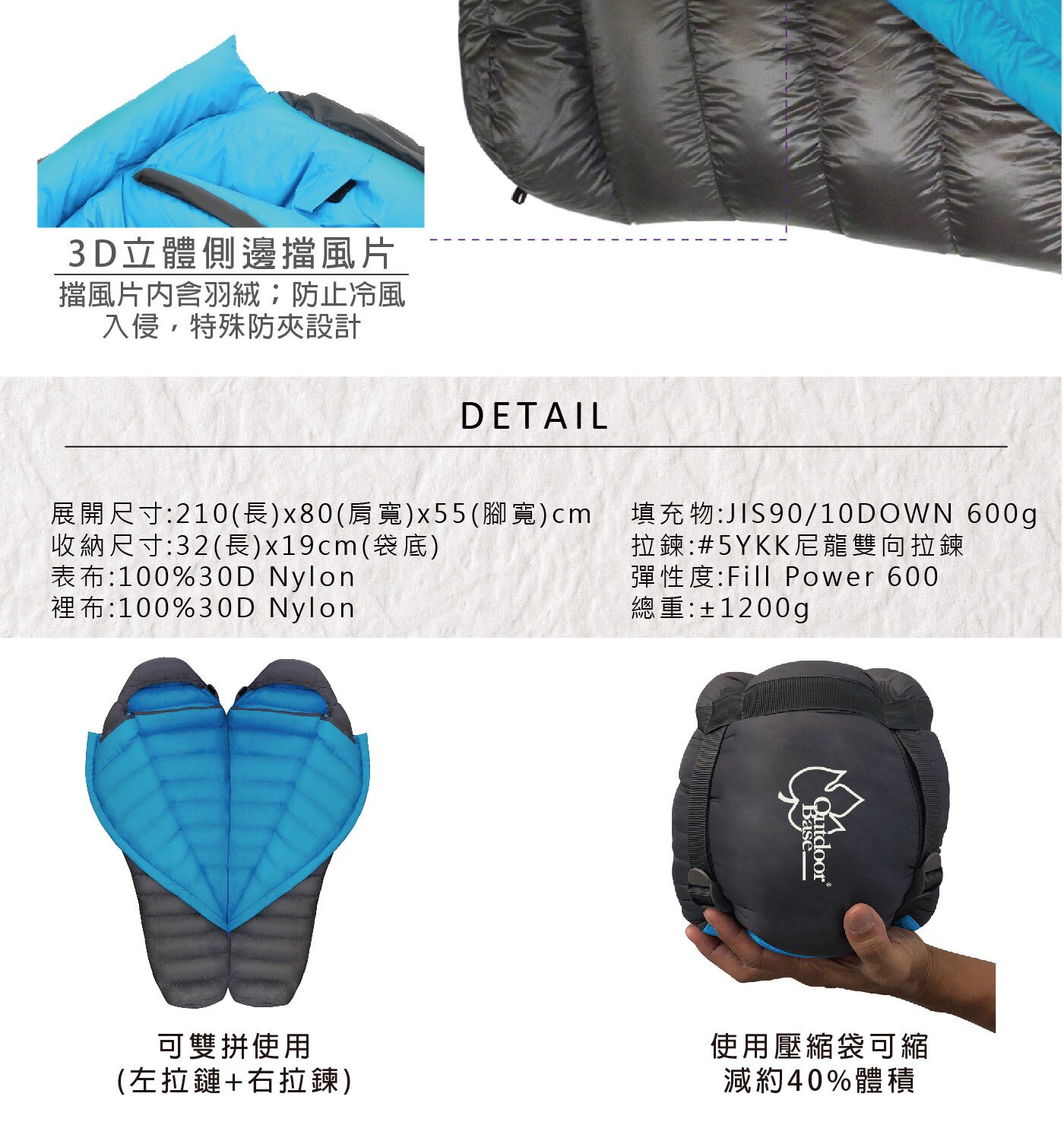 OutdoorBase 成人羽絨睡袋 600公克，蓬鬆係數600，5號雙向YKK塑鋼拉鍊，含收納袋，木乃伊版型。