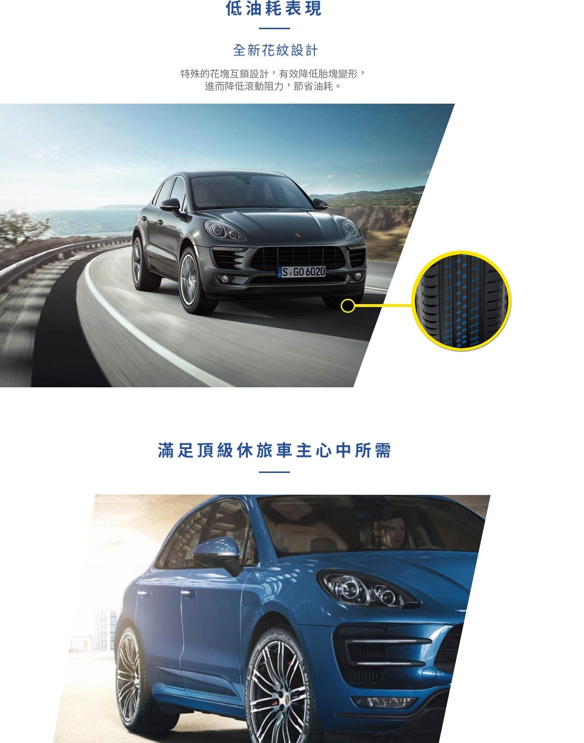 Michelin LATITUDESPORT3的全新花紋設計，胎塊互鎖有效抑止胎塊變形，進而降低油耗，滿足休旅車主心中所需。