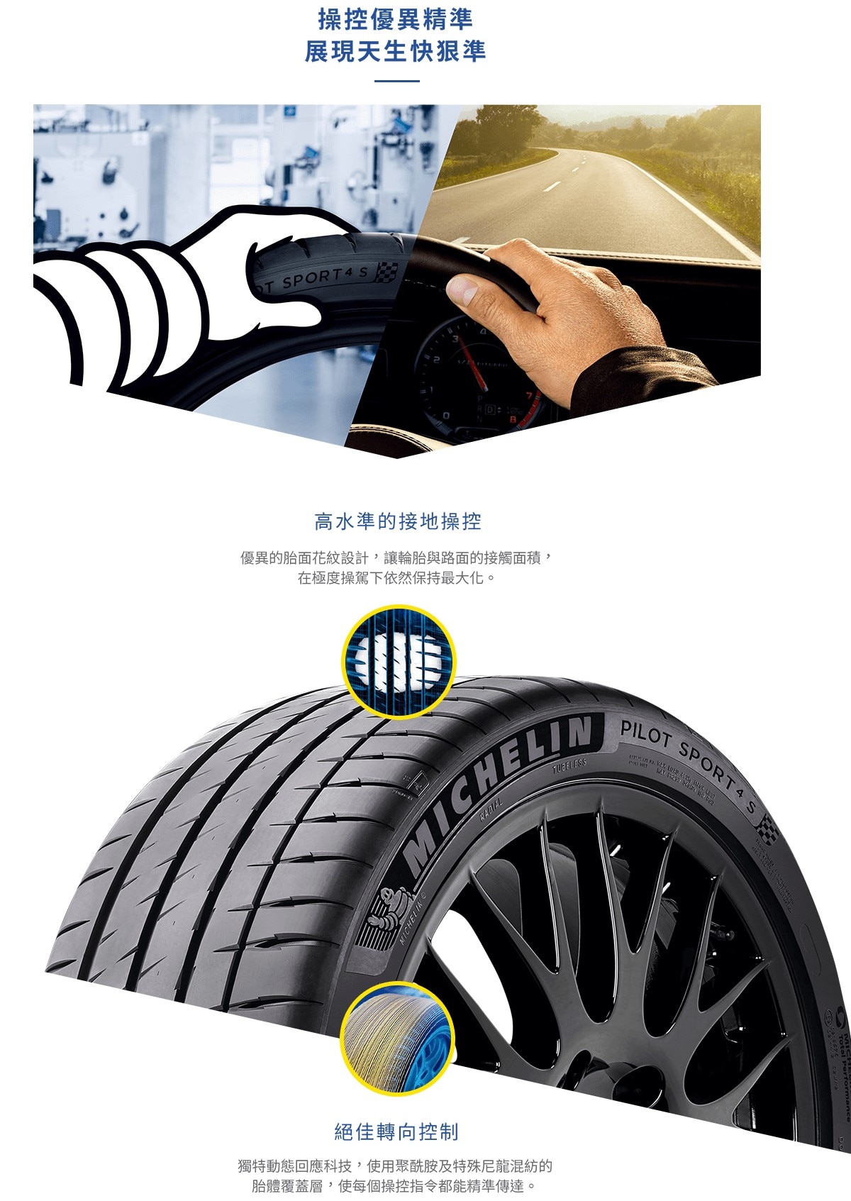 Michelin PILOTSPORT4S 具備優異的胎面花紋設計與獨特的動態回應科技，使其可以高水準的接地操控與絕佳的轉向控制。