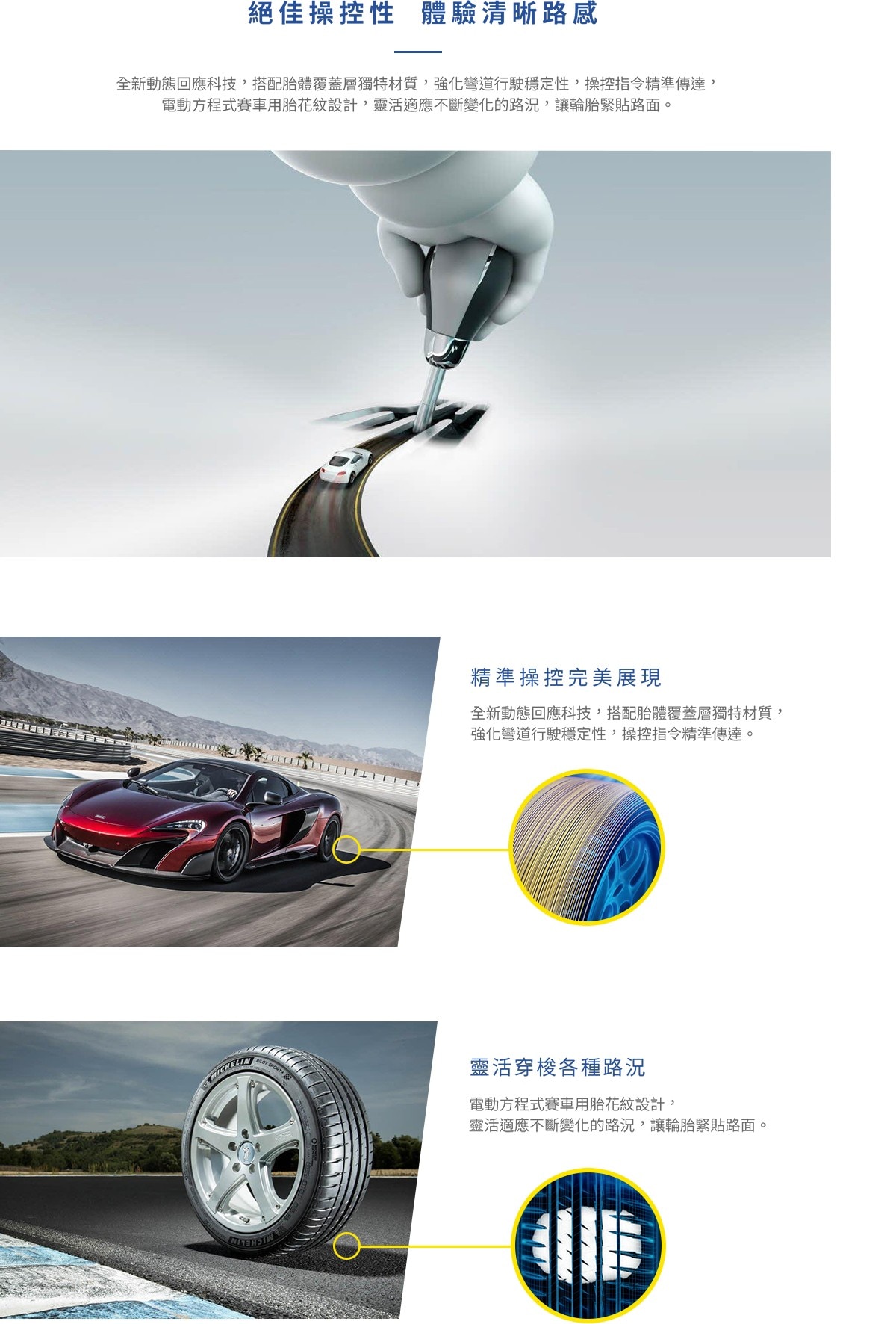 Michelin PILOTSPORT4 具有全新動態回應科技與特殊材質覆蓋，使人精準操控，並用電動方程式用賽車花紋，靈活穿梭各種路況。