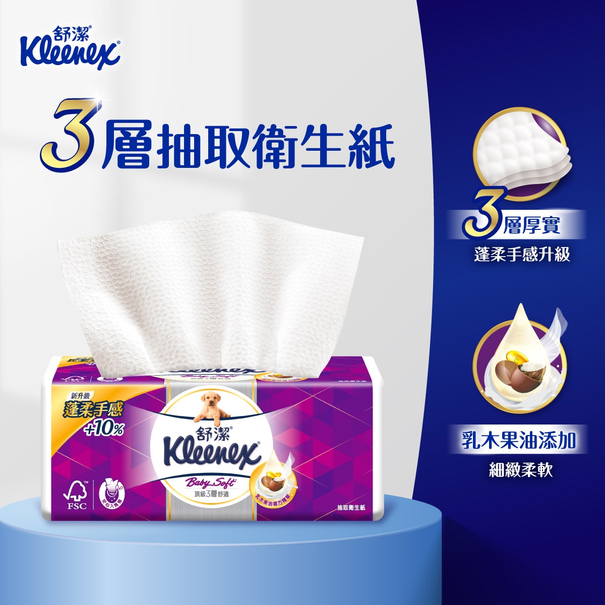 舒潔三層抽取式衛生紙3層厚實,蓬柔手感升級,乳木果油添加,細緻柔軟.