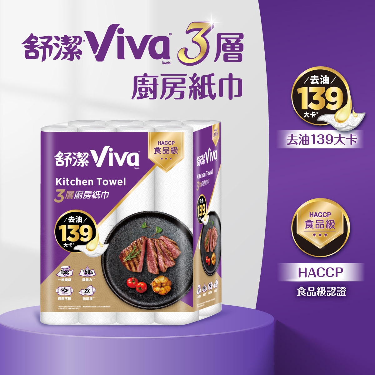 舒潔Viva 三層廚房紙巾一張去油139大卡,通過HACCP食品級認證.