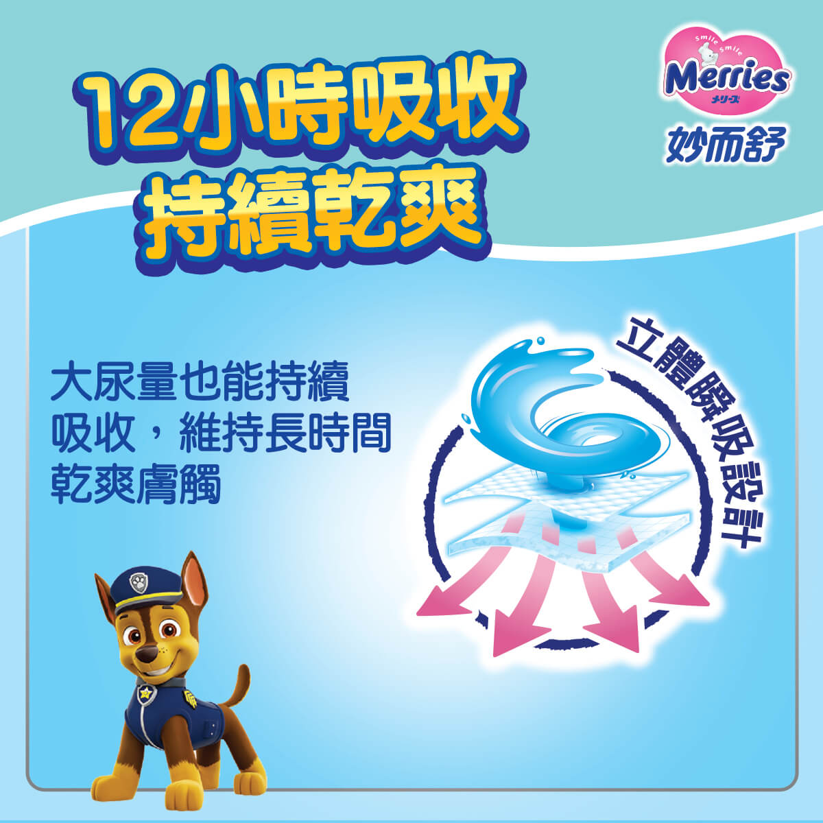 Merries 妙而舒立體瞬吸設計。大尿量也能持續吸收分層導流，分散瞬吸維持長時間乾爽膚觸，屁屁舒爽不卡卡。