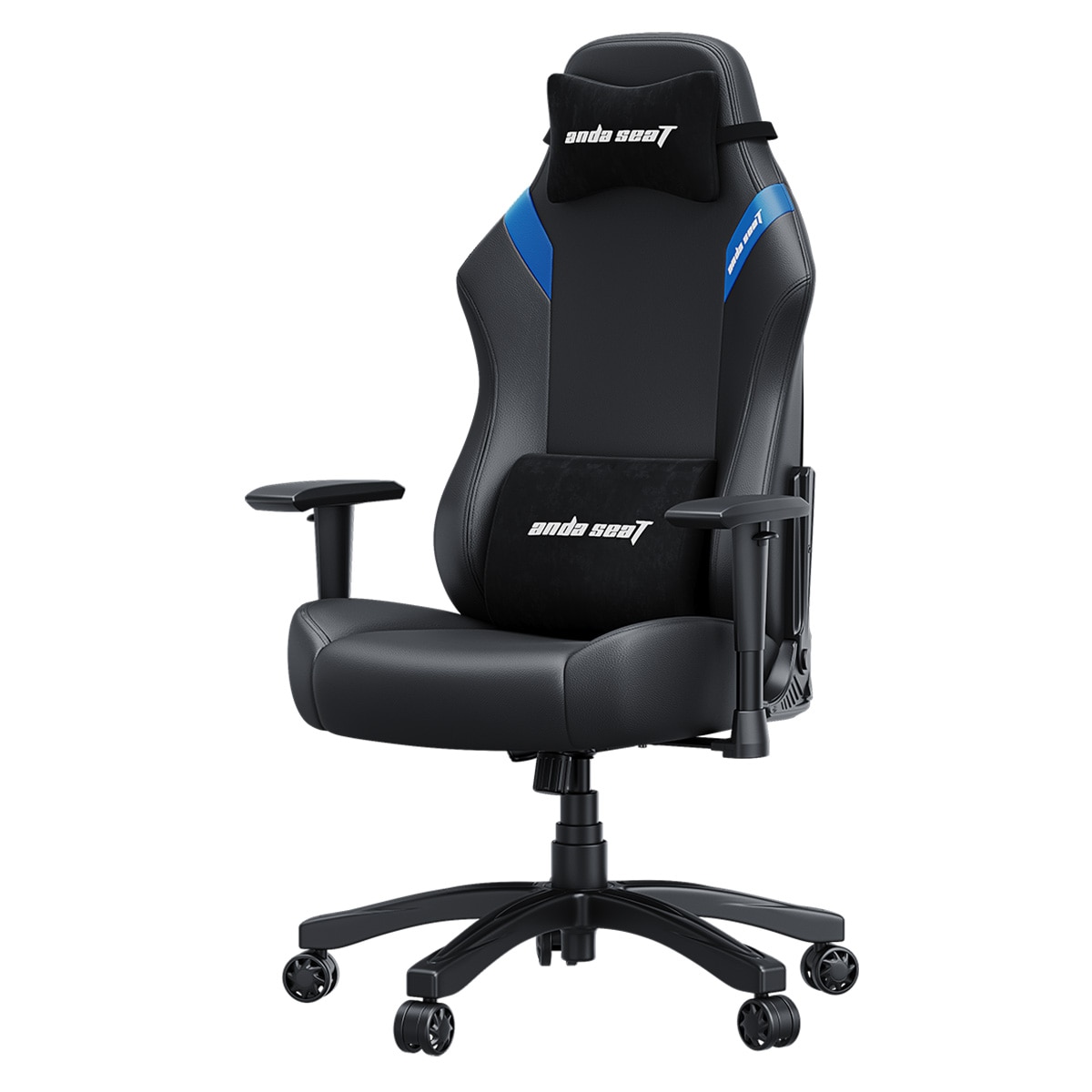 ANDA SEATLUNA 電競椅 黑藍 1D可調扶手,90-160度後仰鎖定，隨心調整坐姿。可拆卸頭枕搭配加大腰枕，有效支撐脊椎與頸部，無論長時間遊戲還是工作，皆能輕鬆享受。